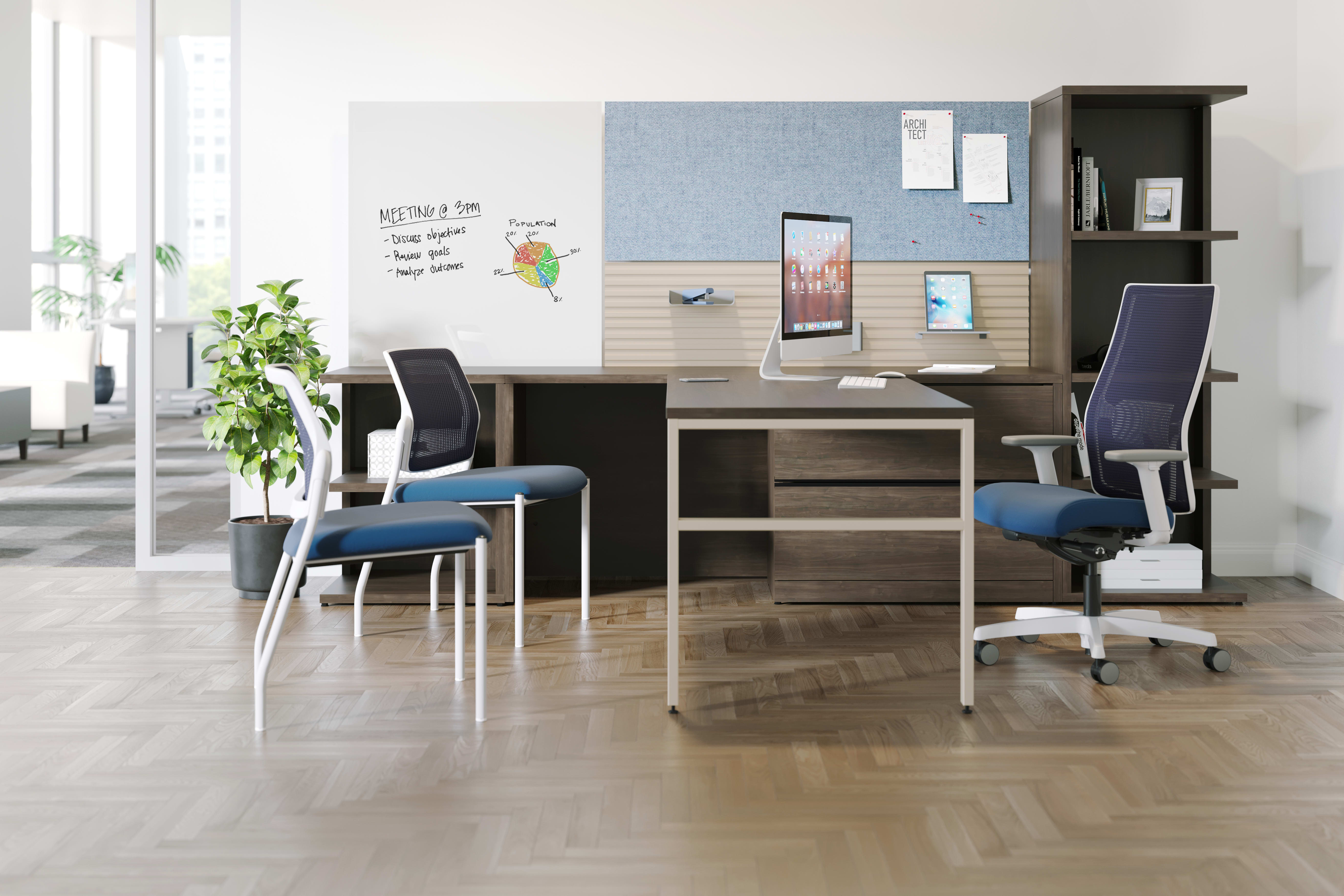10500 Series Desk with Workwall tiles and blue Ignition seating