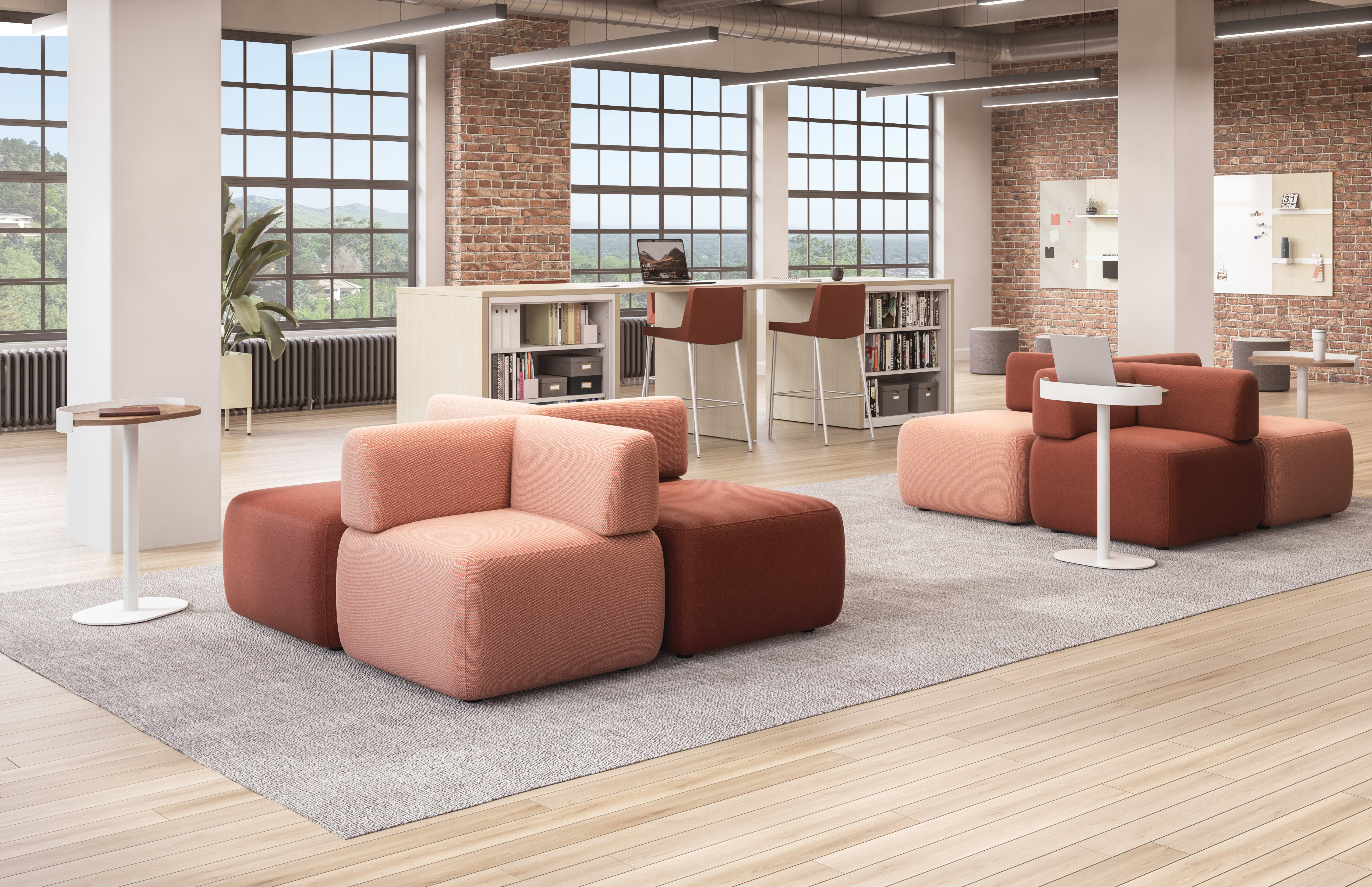 SoCo modular lounge in collaborative area with Sculpt personal tables & planter near Storage Island.