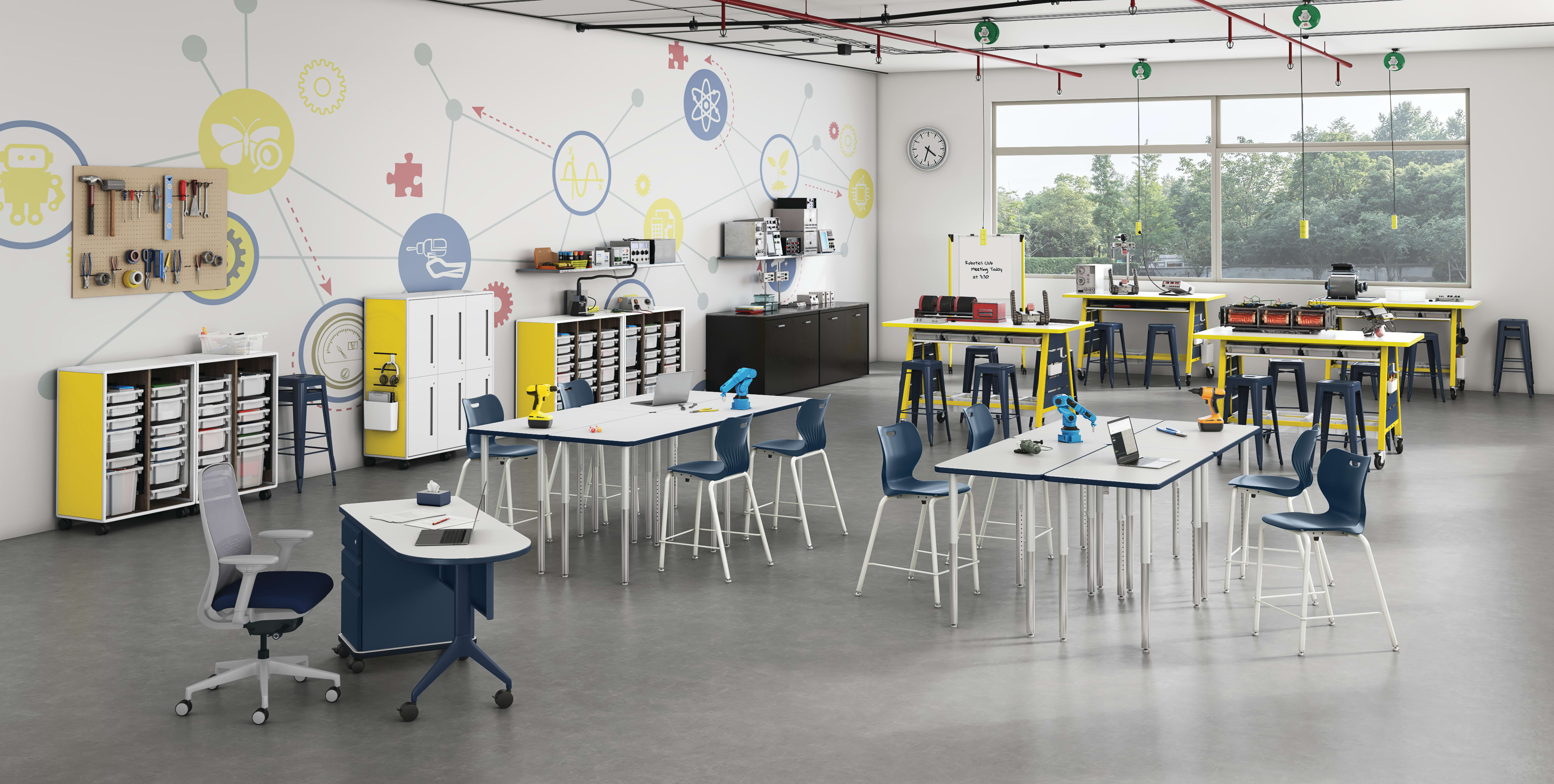 SmartLink and Build Seating with Build Tables, SmartLink Teacher Desk, Nucleus Seating and Class-ifi Storage.