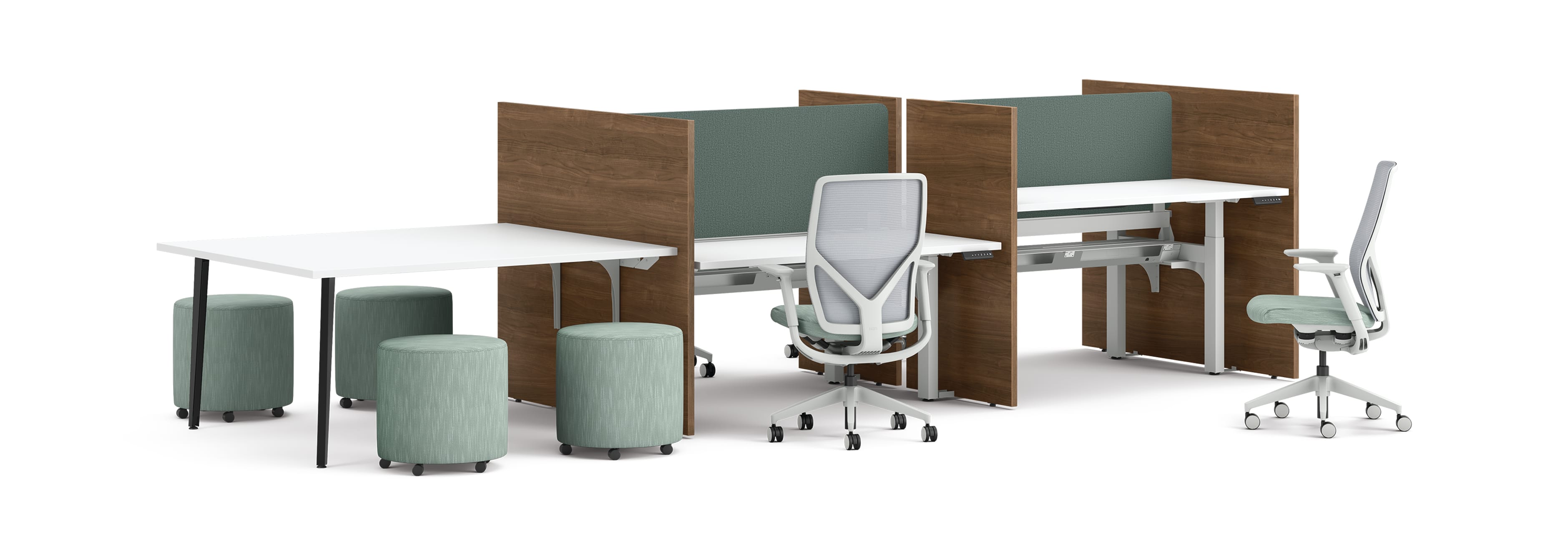 Two workstations with green fabric privacy panels, ergonomic office chairs, and a side table with four round upholstered stools.