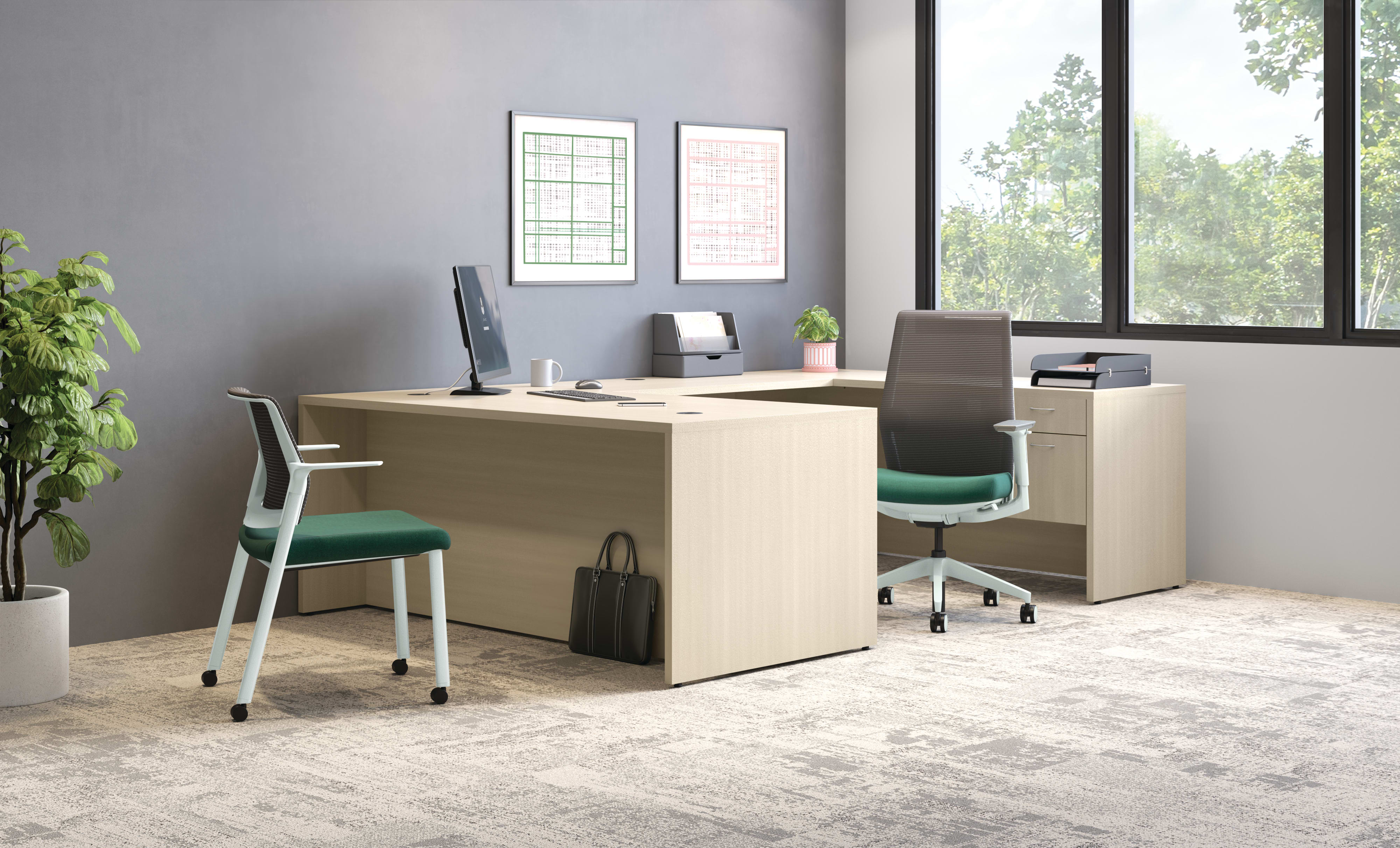 Contemporary office with L-shaped wooden desk, ergonomic chair, guest chair, computer monitor, and large window with outdoor view.