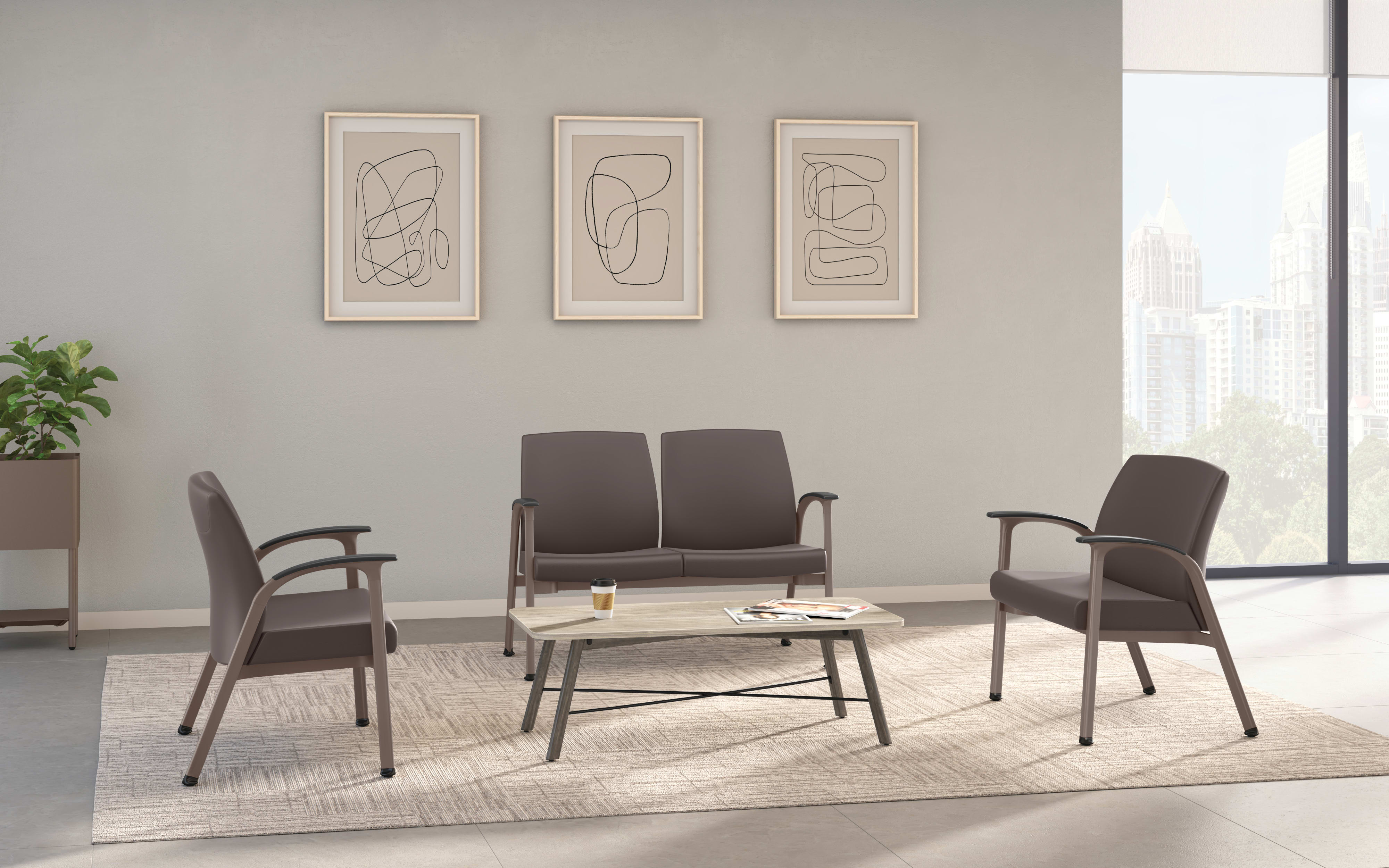 Modern lounge area featuring three cushioned chairs and a two-seat sofa in taupe color, arranged around a rectangular coffee table on a textured rug, with abstract artwork on the wall and large windows providing city views.