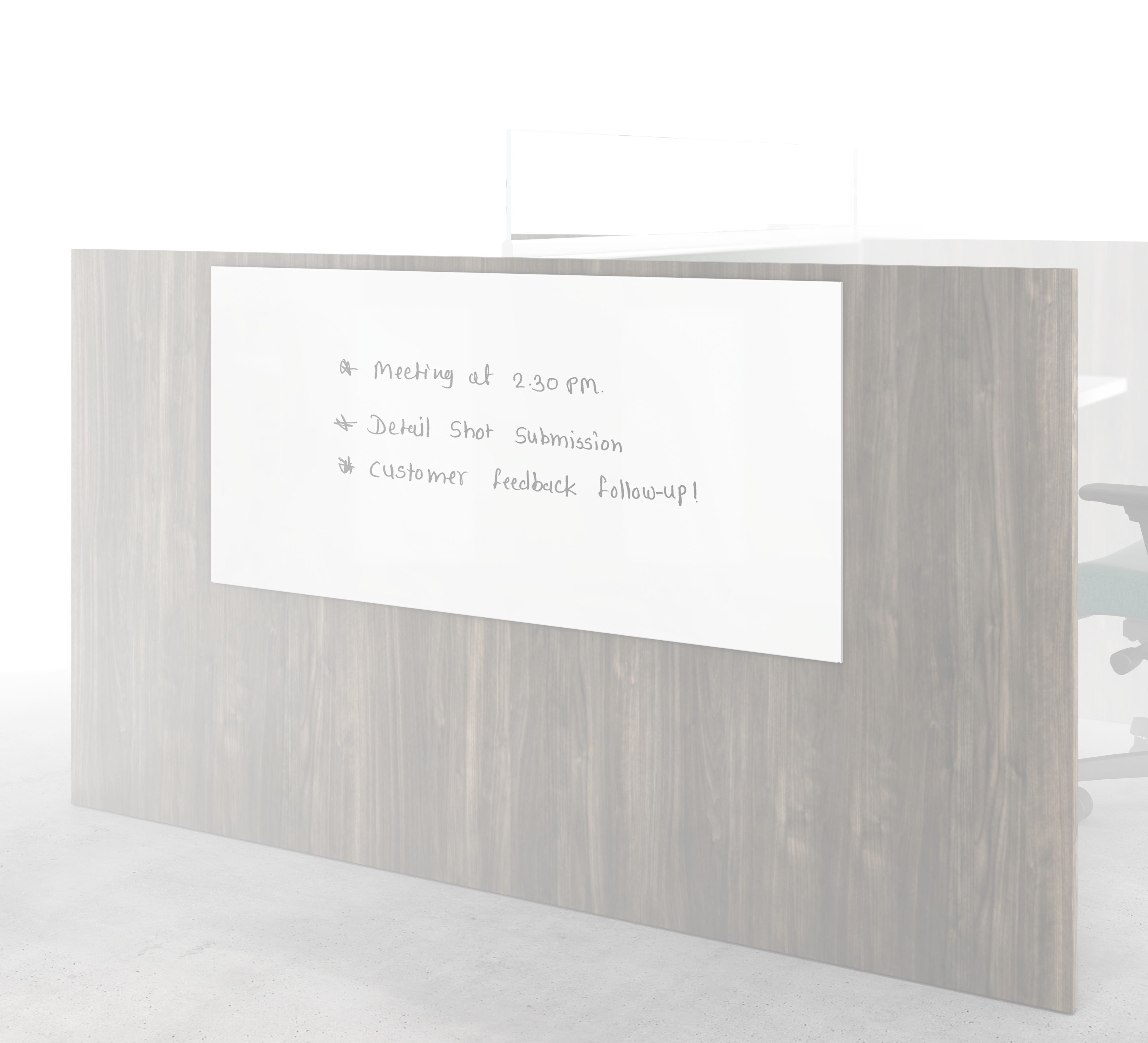 Gallery panel mounted markerboard on the end of a workstation.