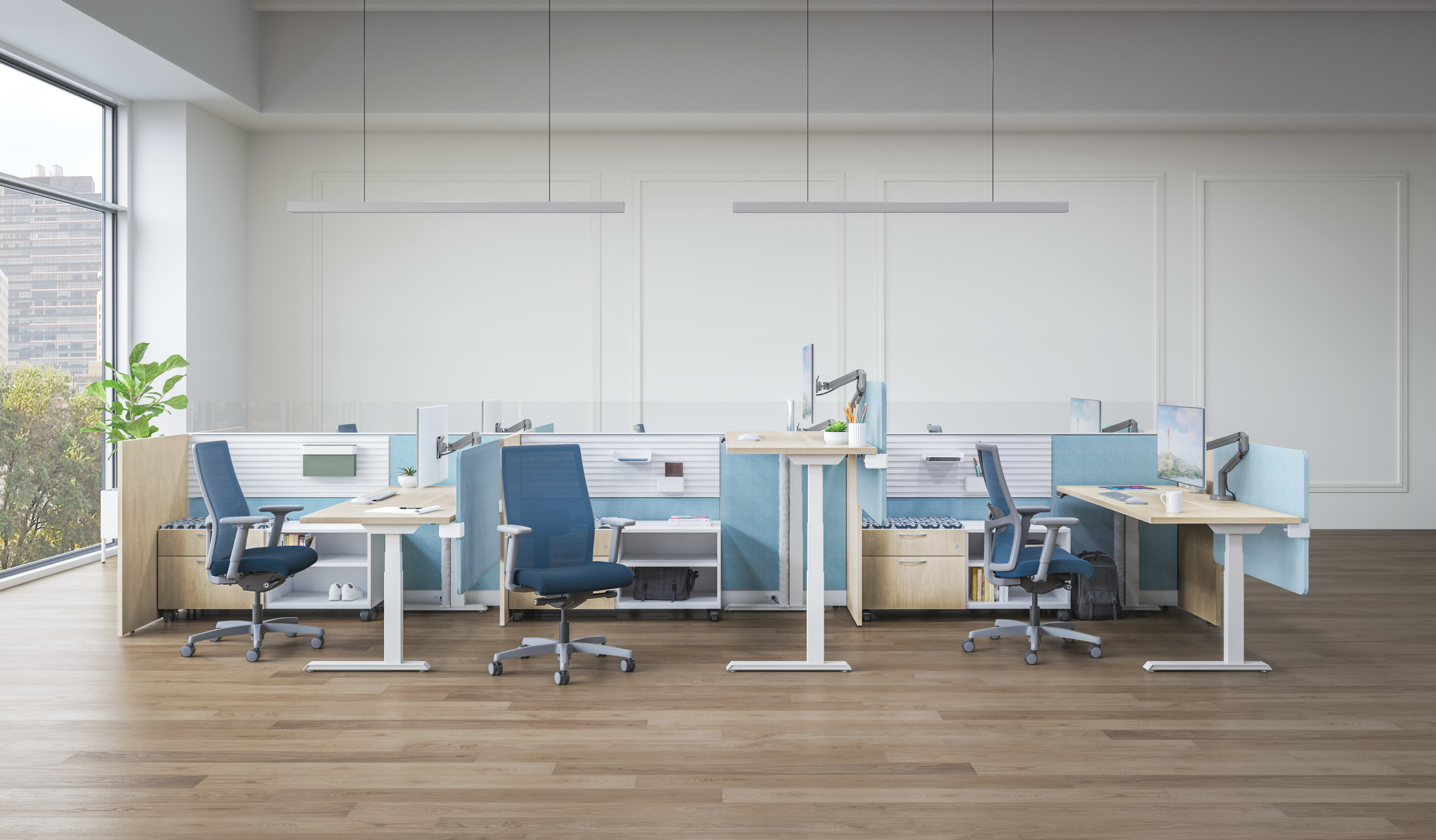 Abound cubicles with gallery panels and Contain credenzas.