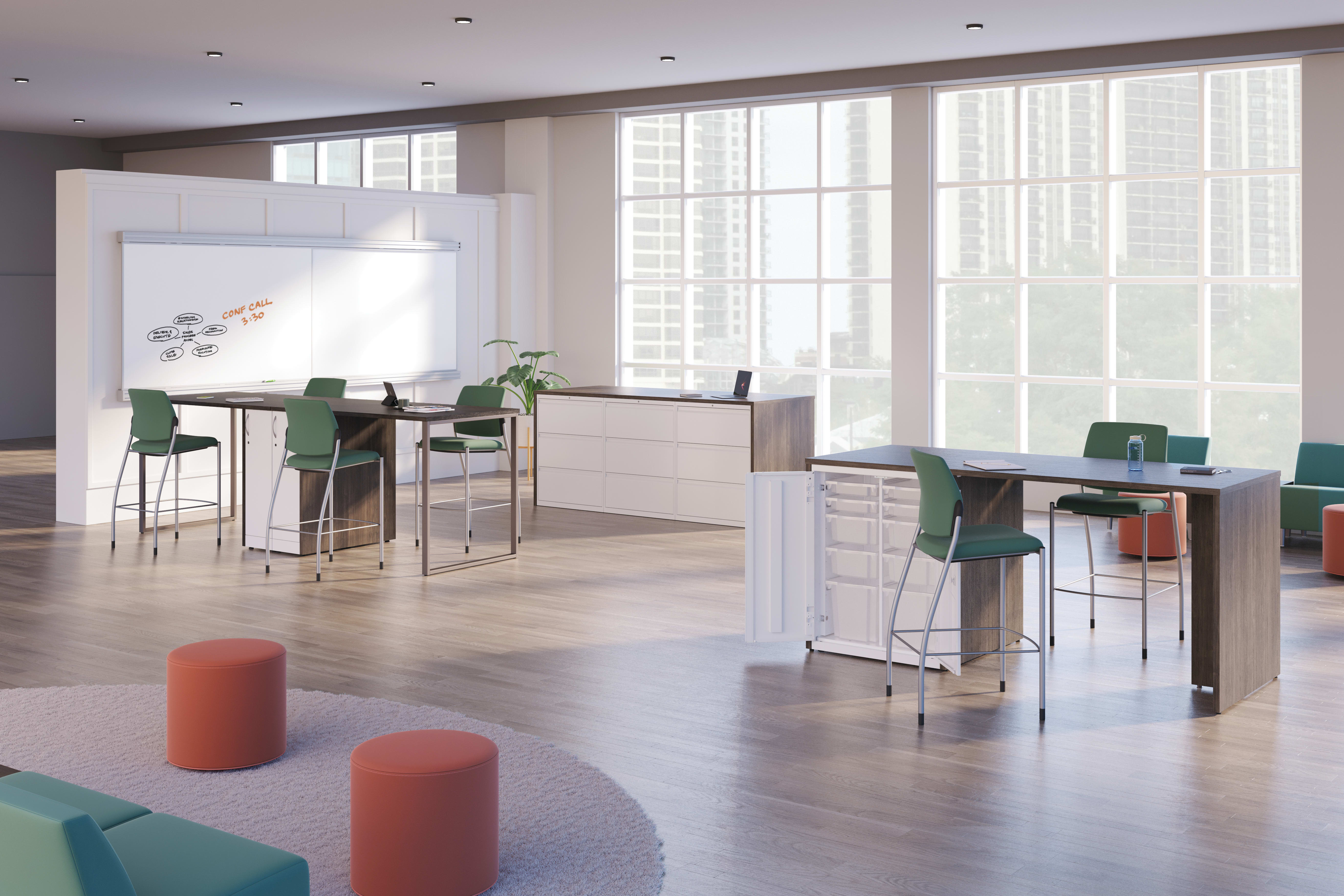 Ignition café height stools shown at café height Storage Islands with Flock lounge seating.