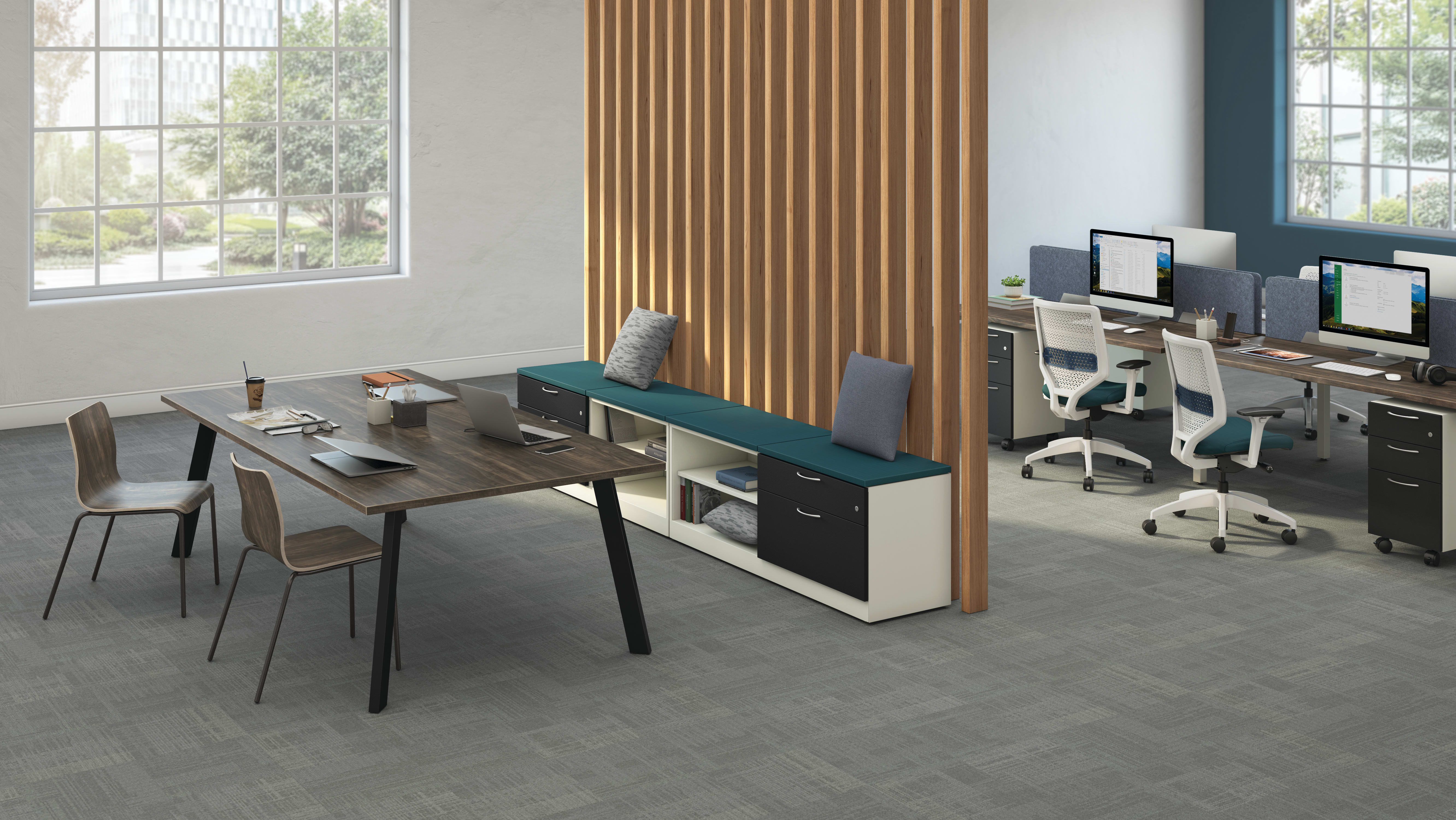 Contain Credenza with Preside Table, Ruck seating and Empower Workstations.