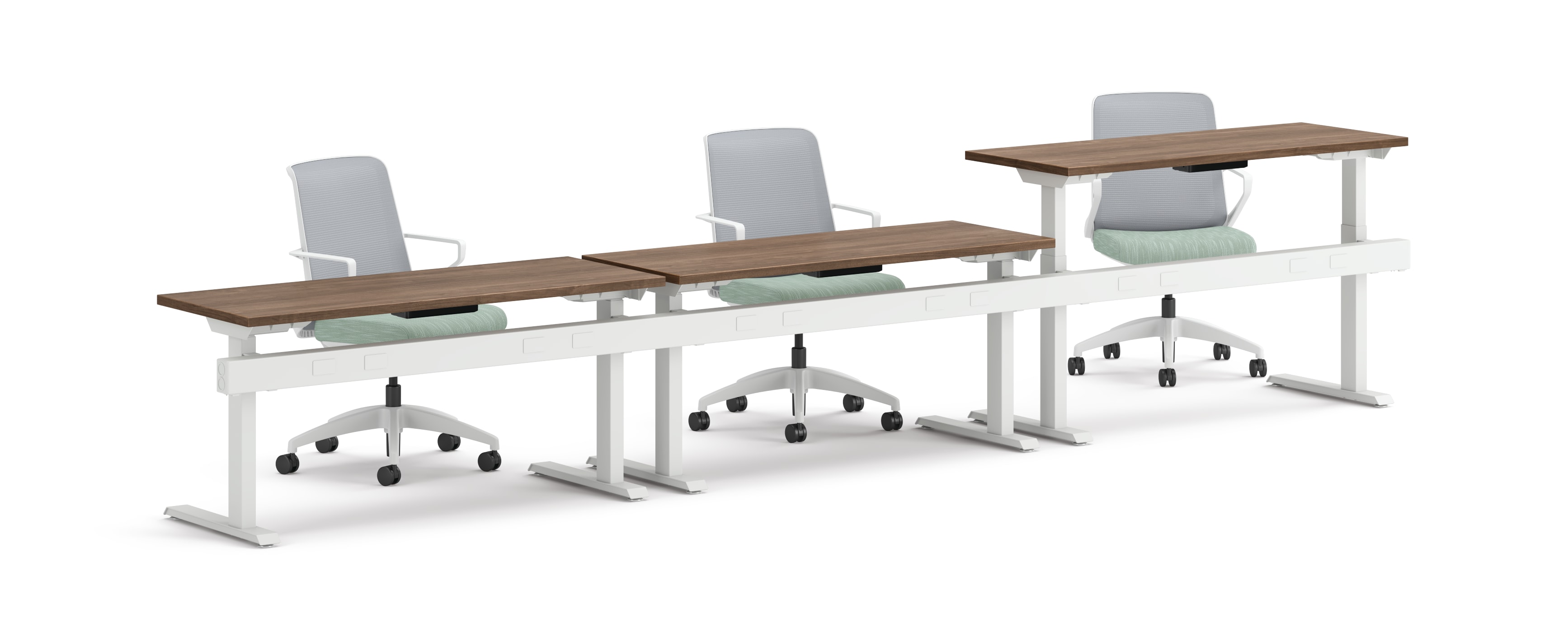 Three ergonomic office chairs positioned behind adjustable-height desks with white frames and wooden tops.
