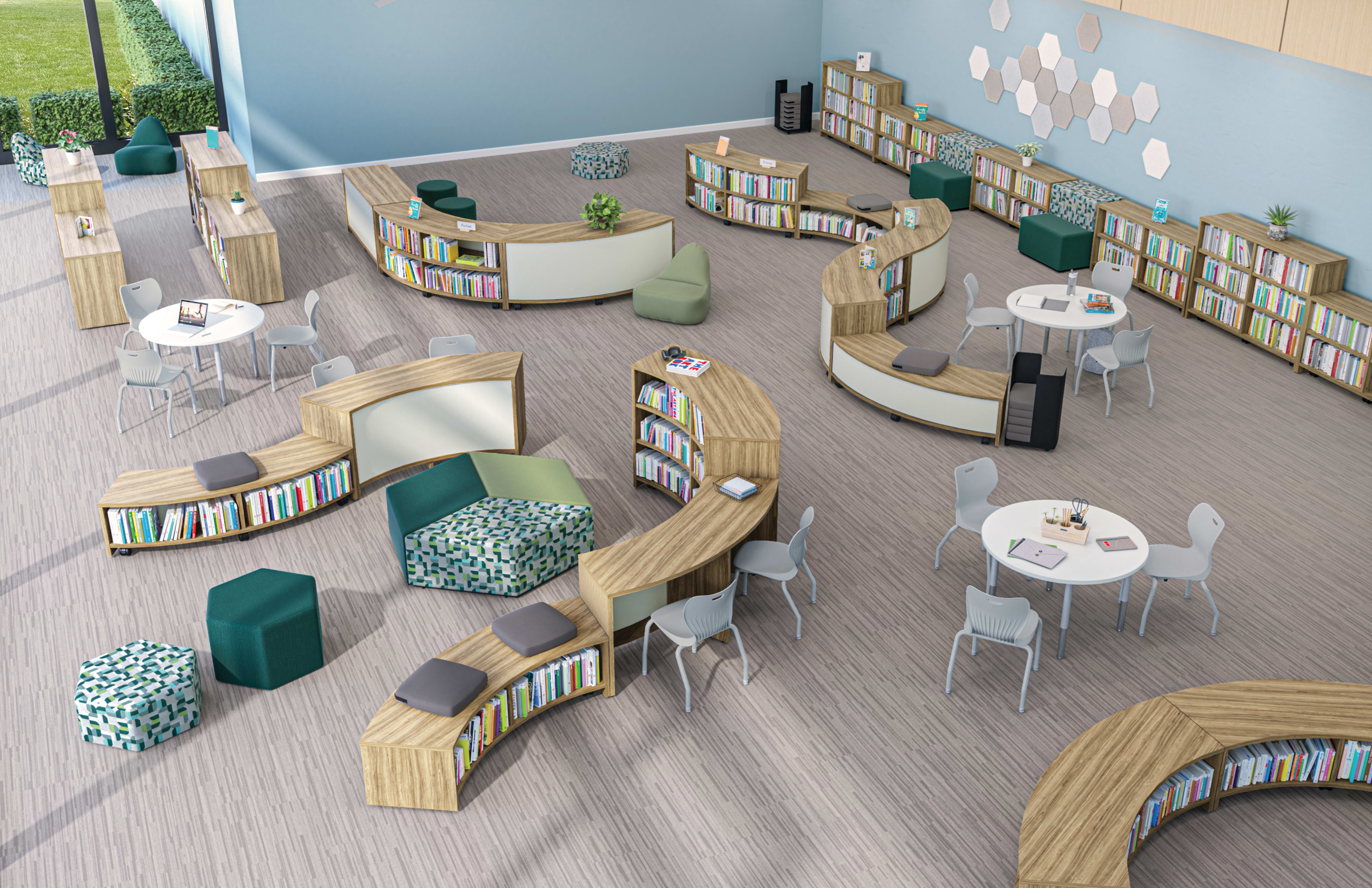 Top-down view of Storyline bookcases and bistro tables in unique configurations throughout a  library.