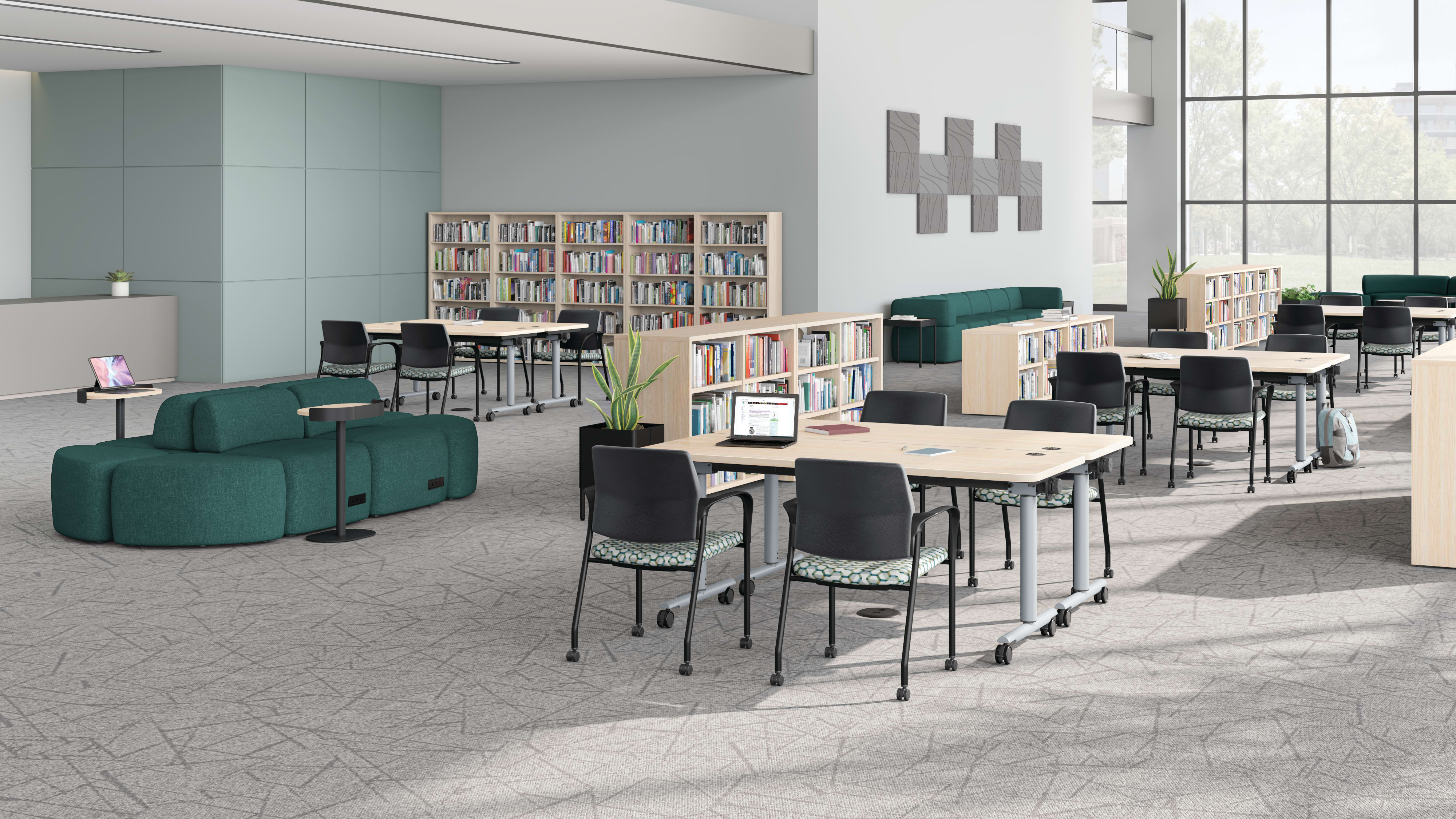 Media center image featuring green SoCo units and laminate Field Trip Tables. 
