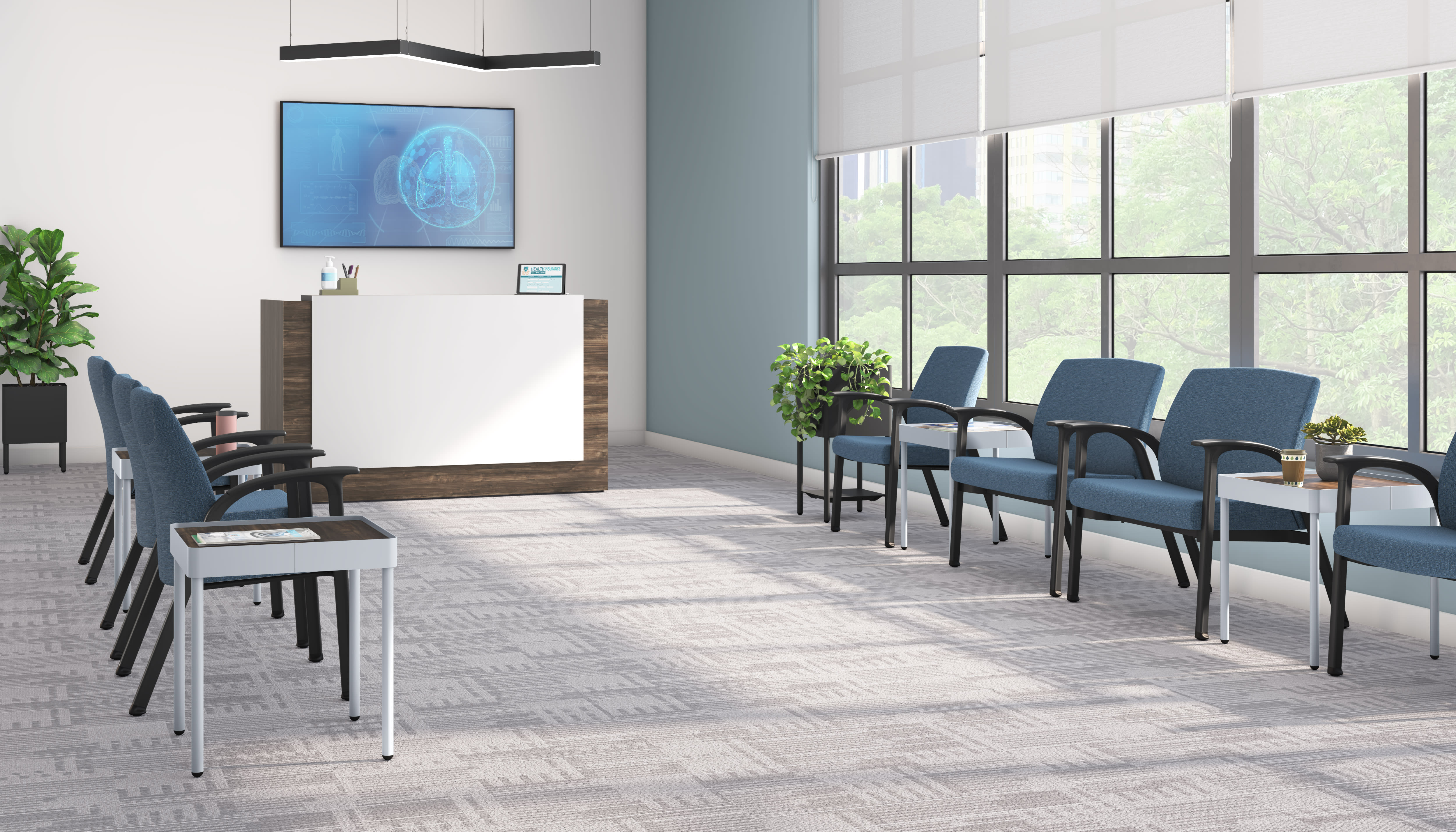 Healthcare waiting area with blue Soothe chairs and Sculpt tables and planters