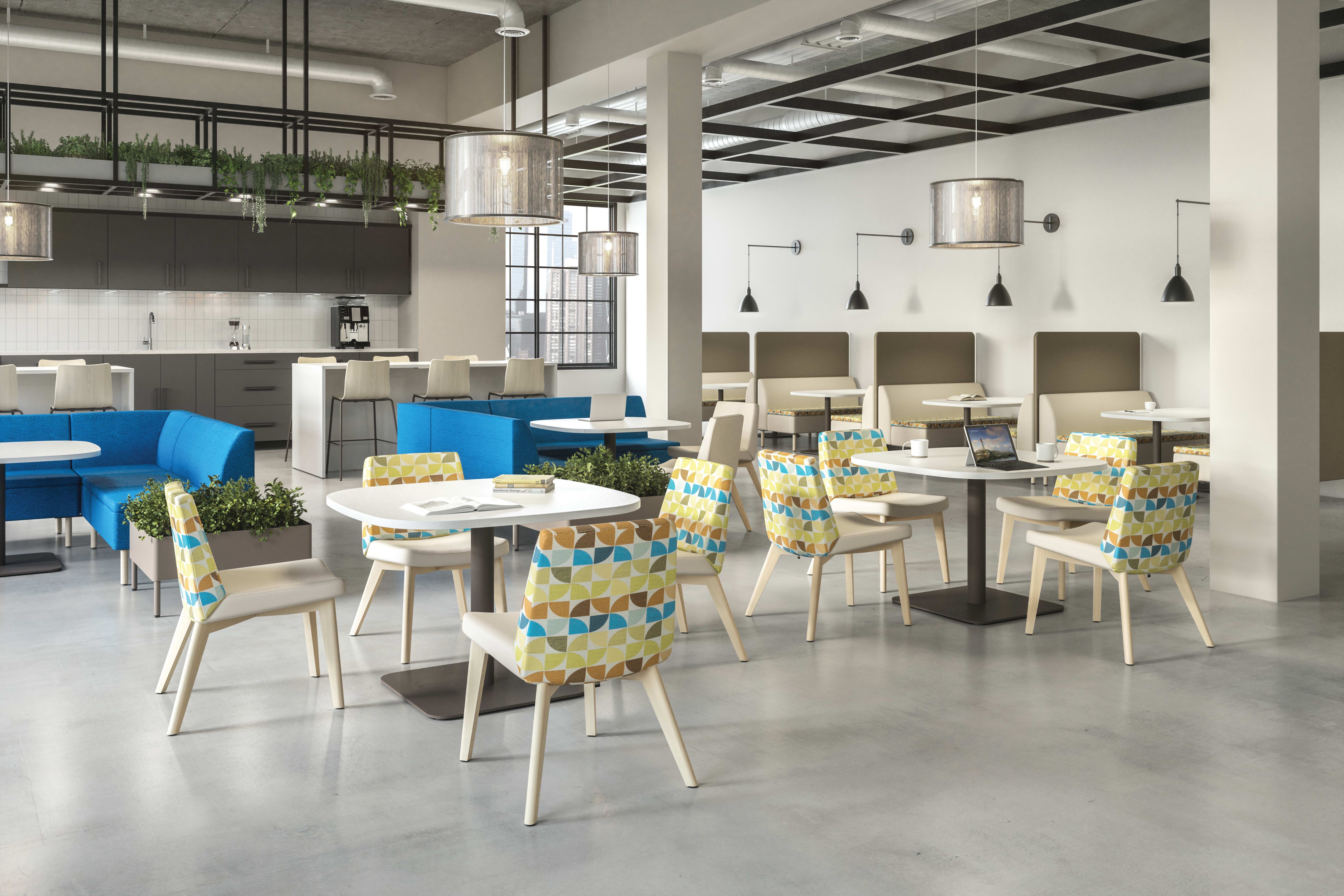 HON café solutions featuring upholstered Flock chairs with bold pattern back, Birk tables, and Astir sofas & booths.