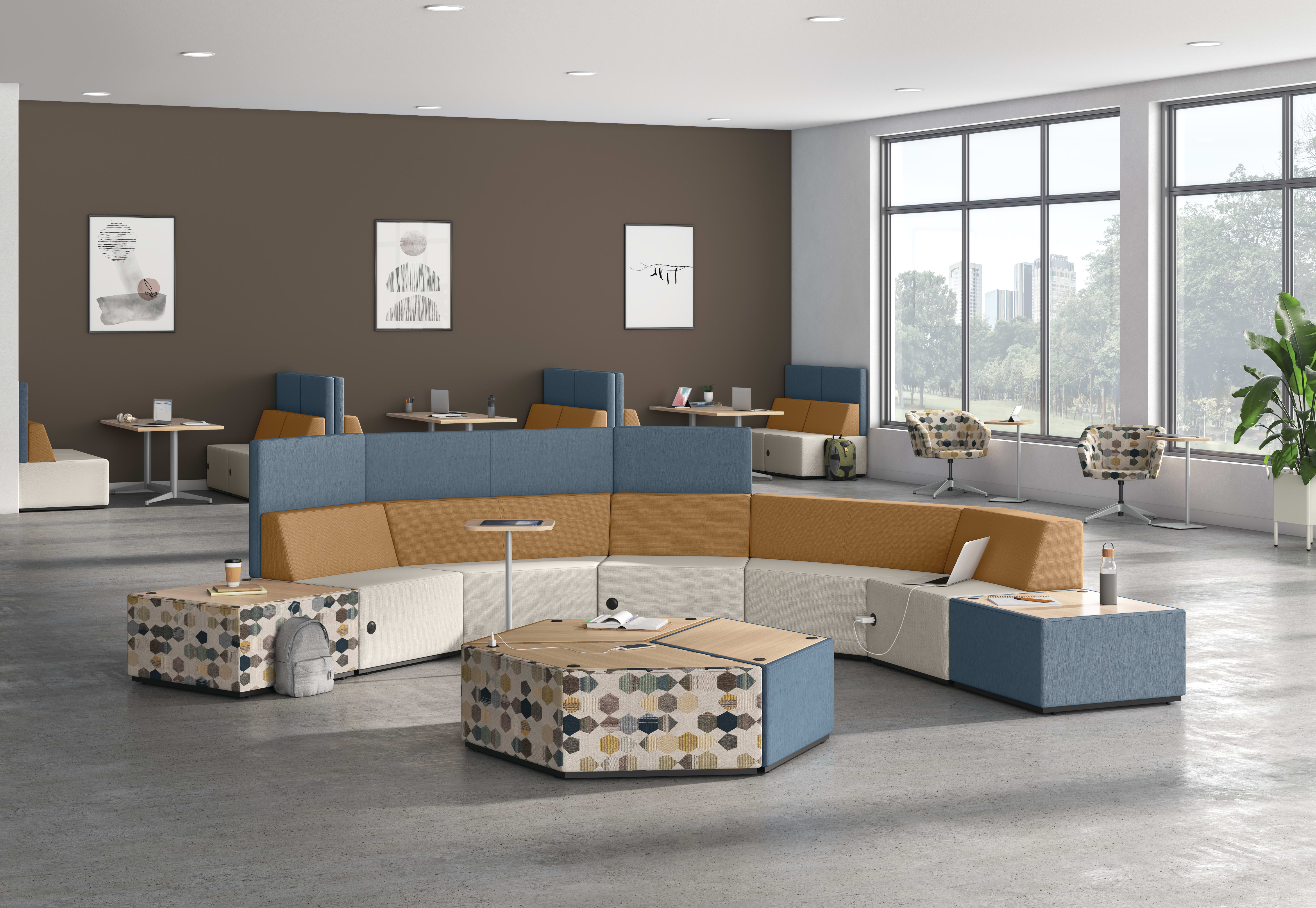 A café/commons environment featuring Tangram and Flock seating with Birk and Preside tables.