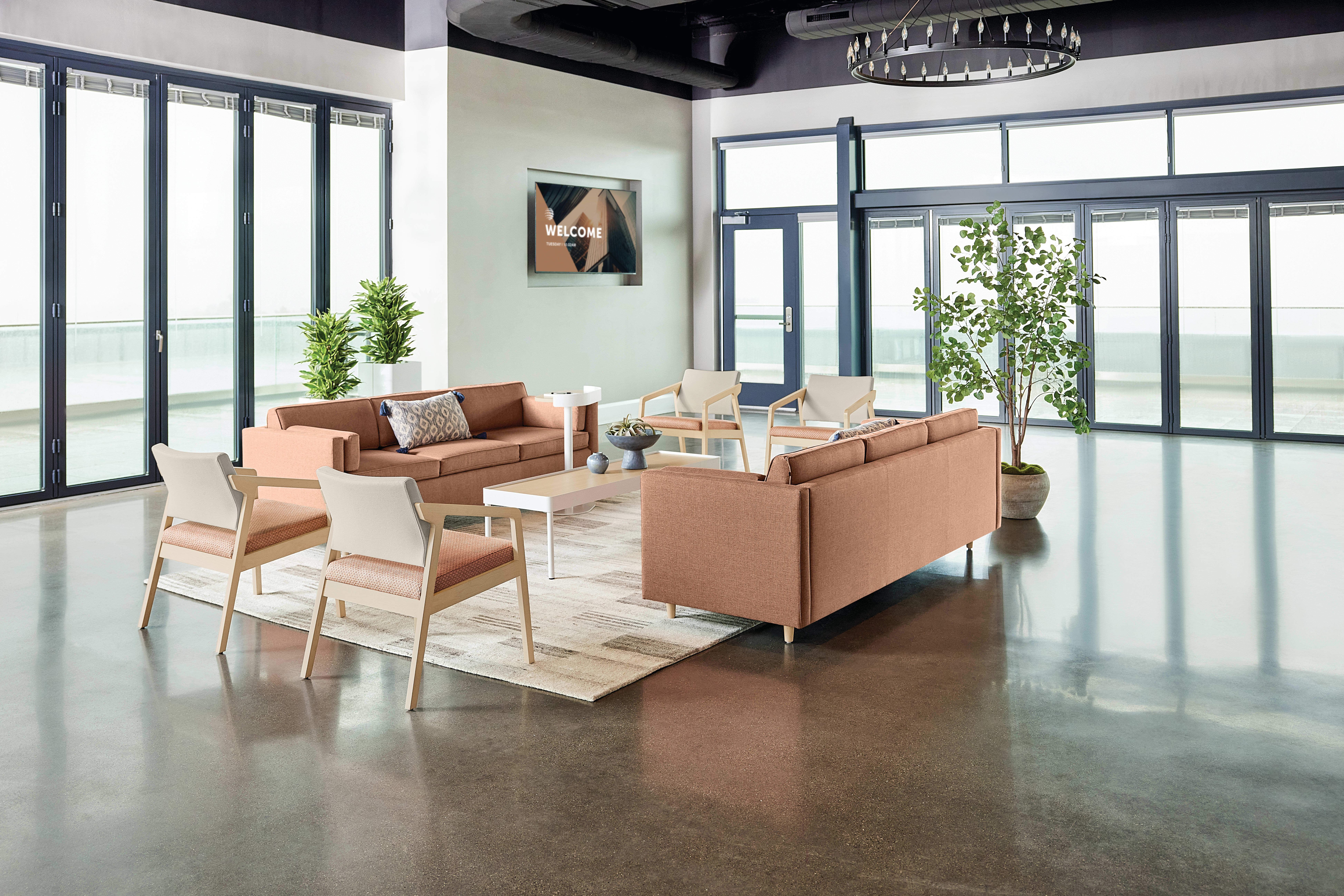 Confer chair with West Hill sofas and Sculpt tables 