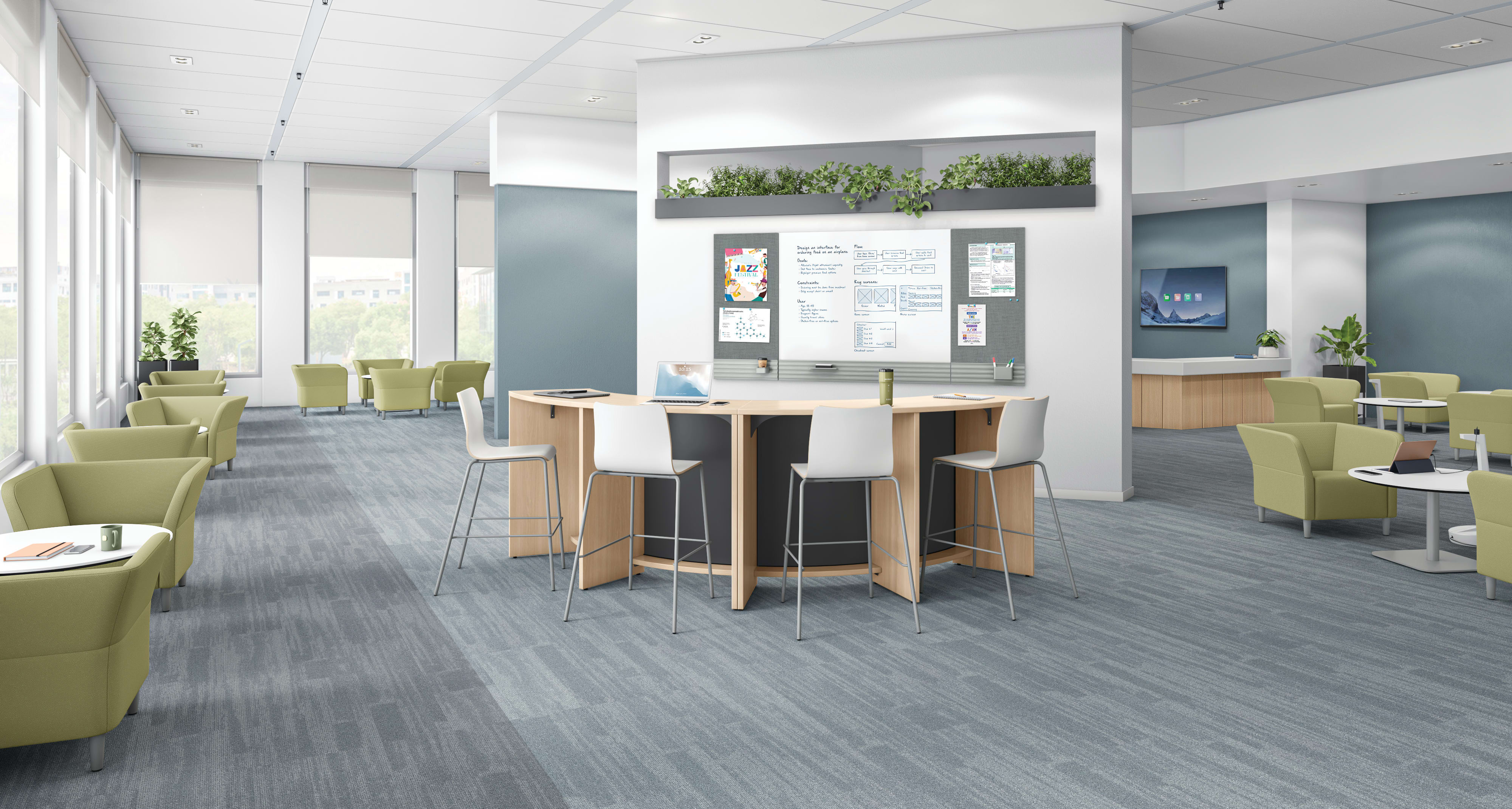 A café/commons setting featuring Workwall and Flock.