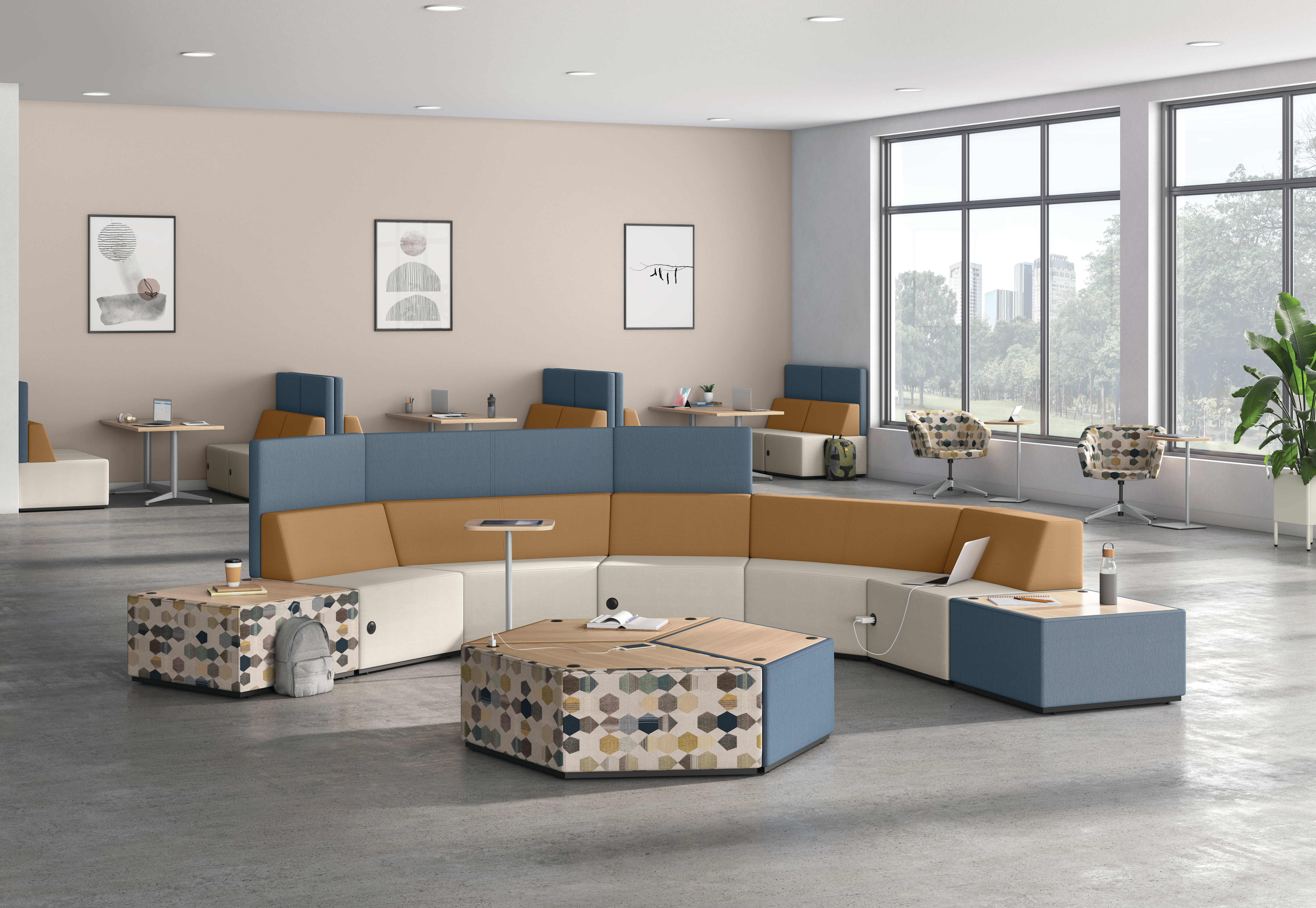 A café/commons environment featuring Tangram and Flock seating with Birk and Preside tables.