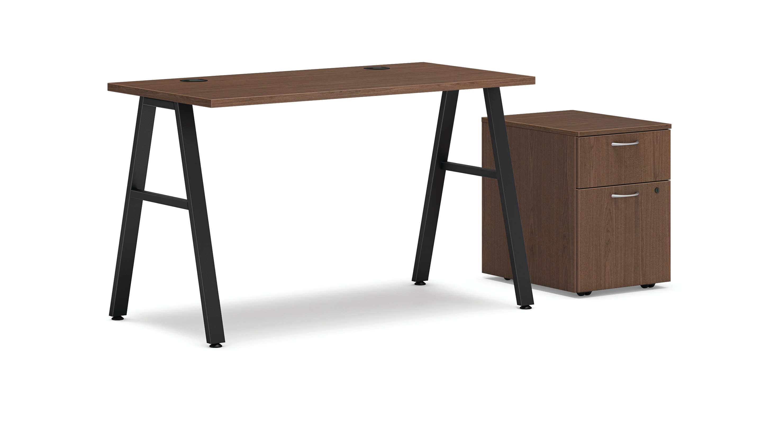 Mod table desk in Sepia Walnut and Black a-legs with mobile pedestal
