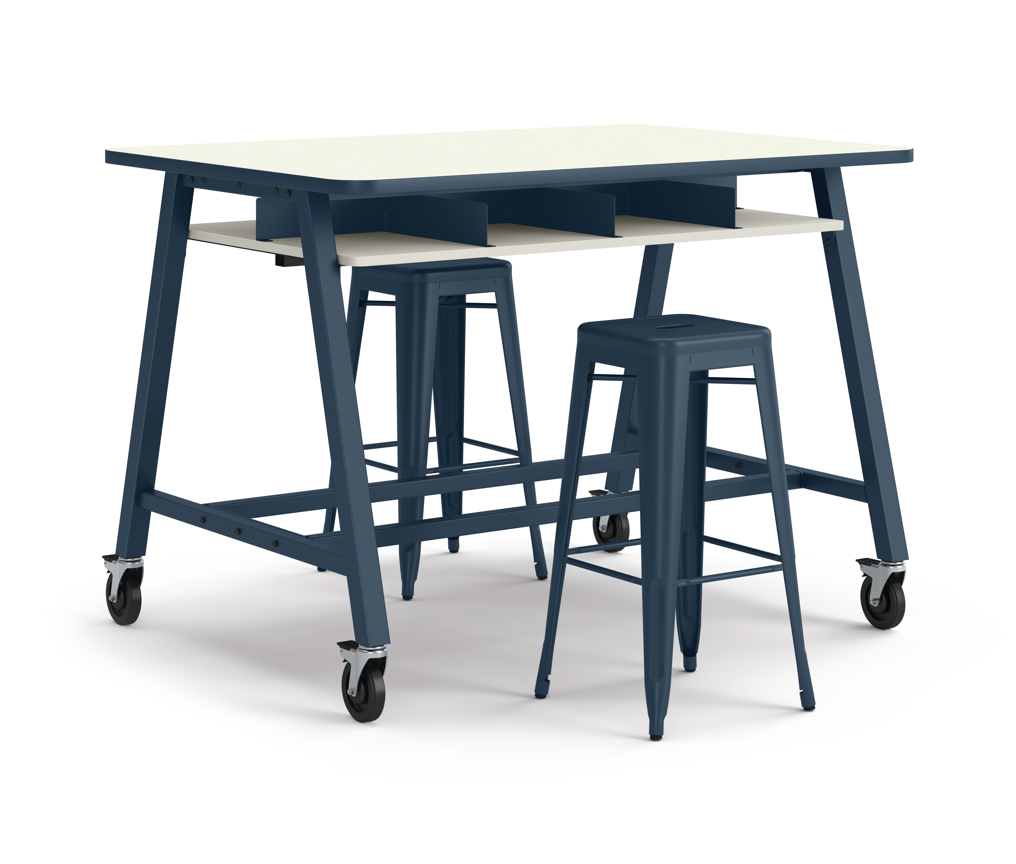 A Build Makerspace table in blue paint and light yellow laminate.