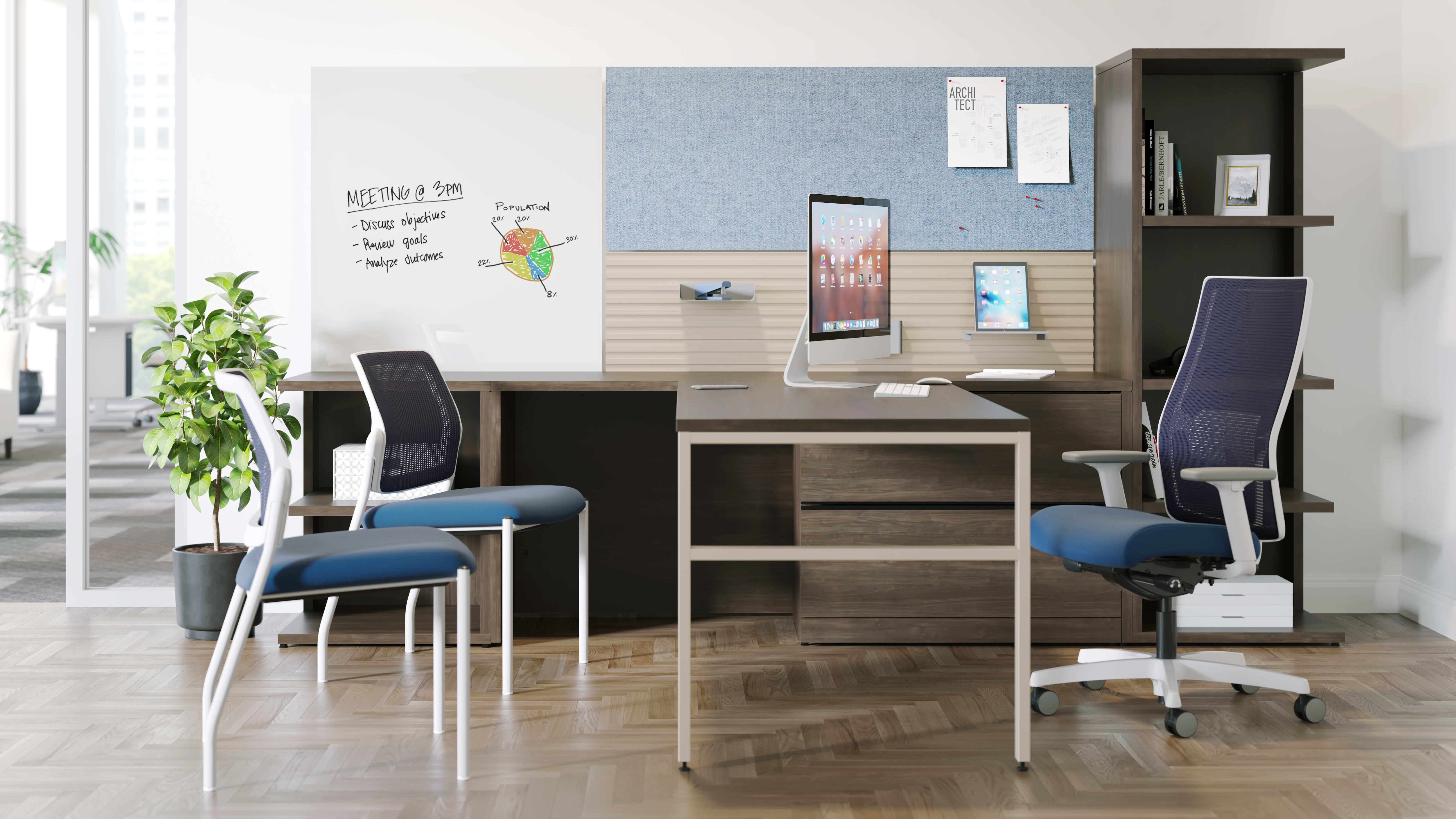 10500 Series Desk with Workwall tiles and blue Ignition seating