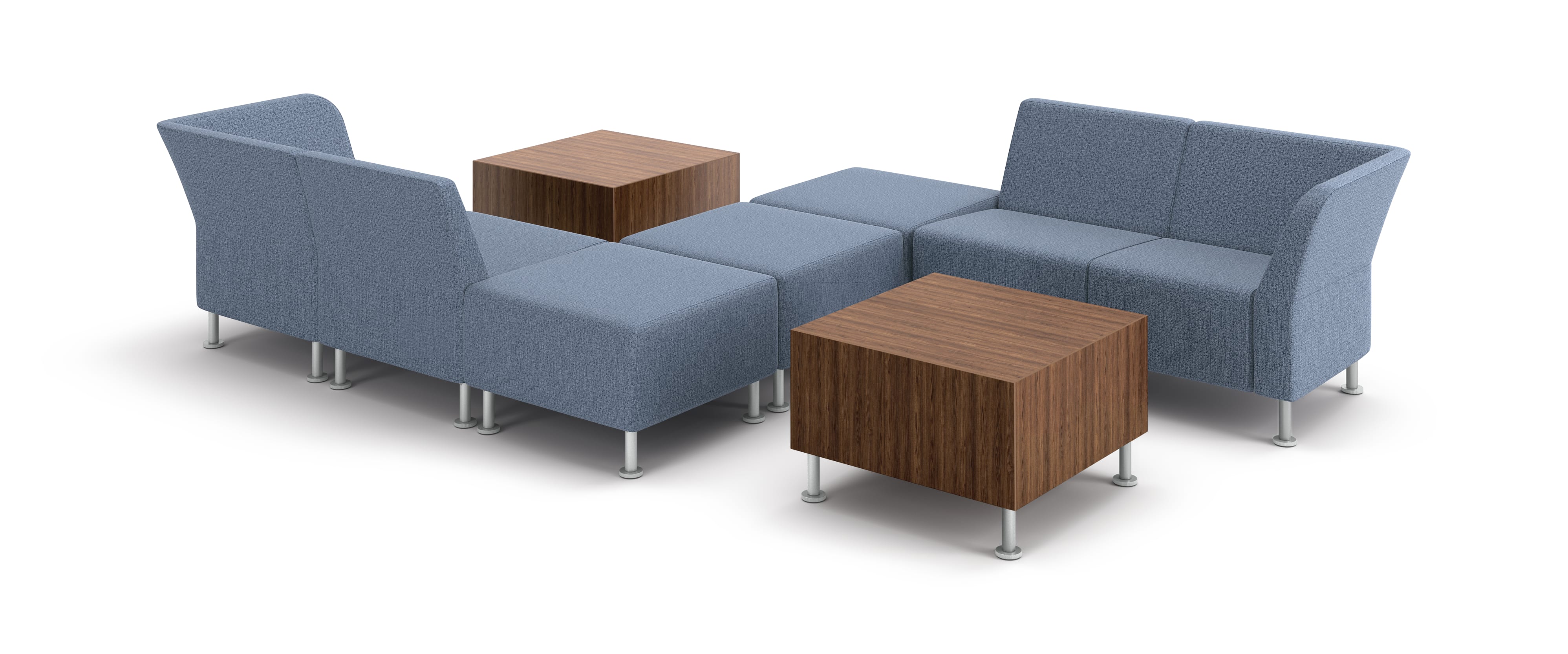 Flock modular chais in a zig-zag setting with cube tables.