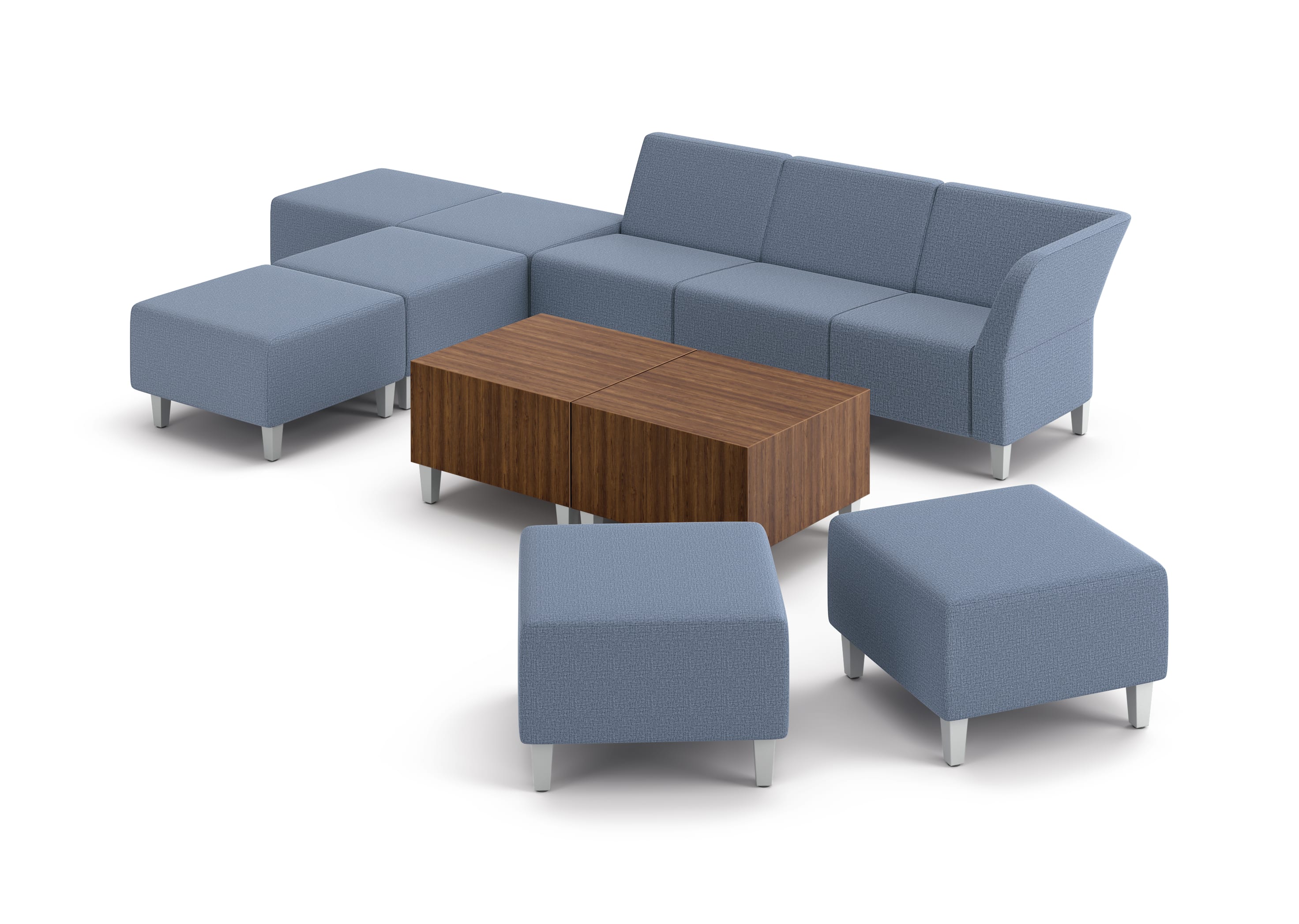 Flock modular chairs around cube tables.