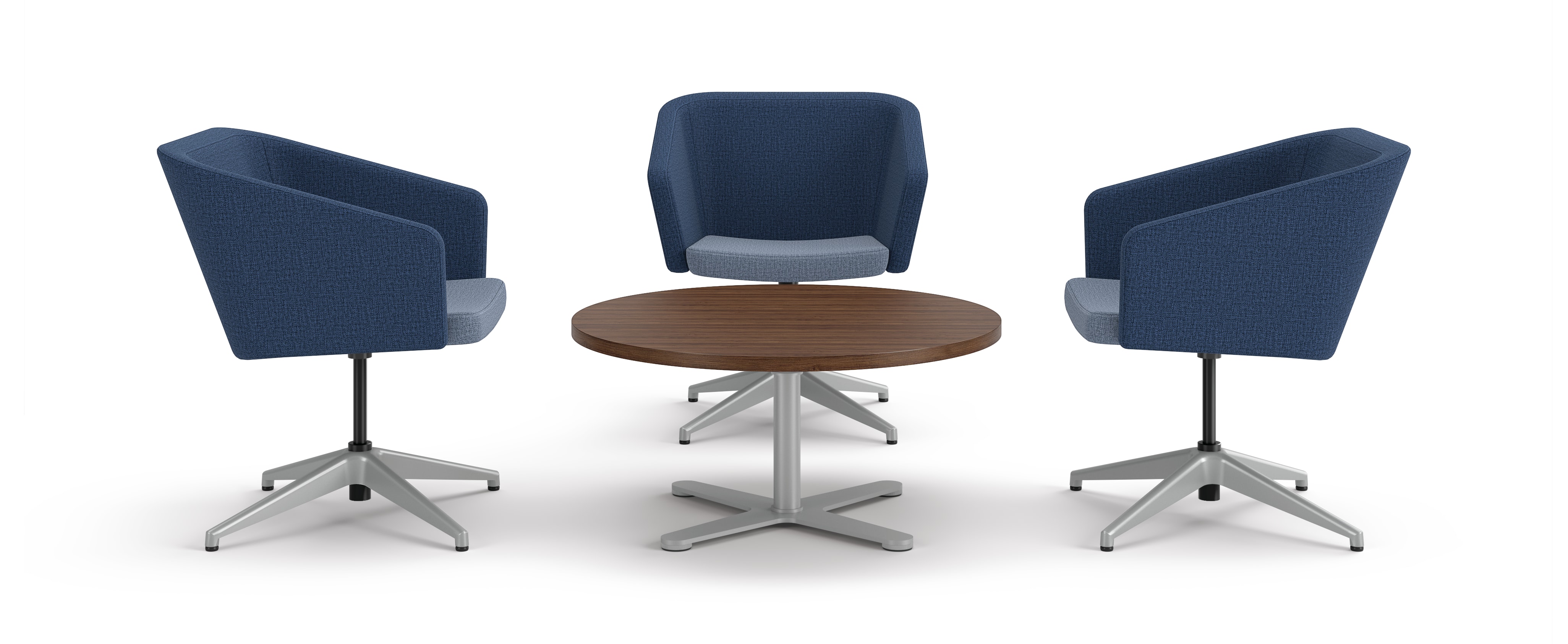 Flock dual fabric square chairs around a round occasional table.