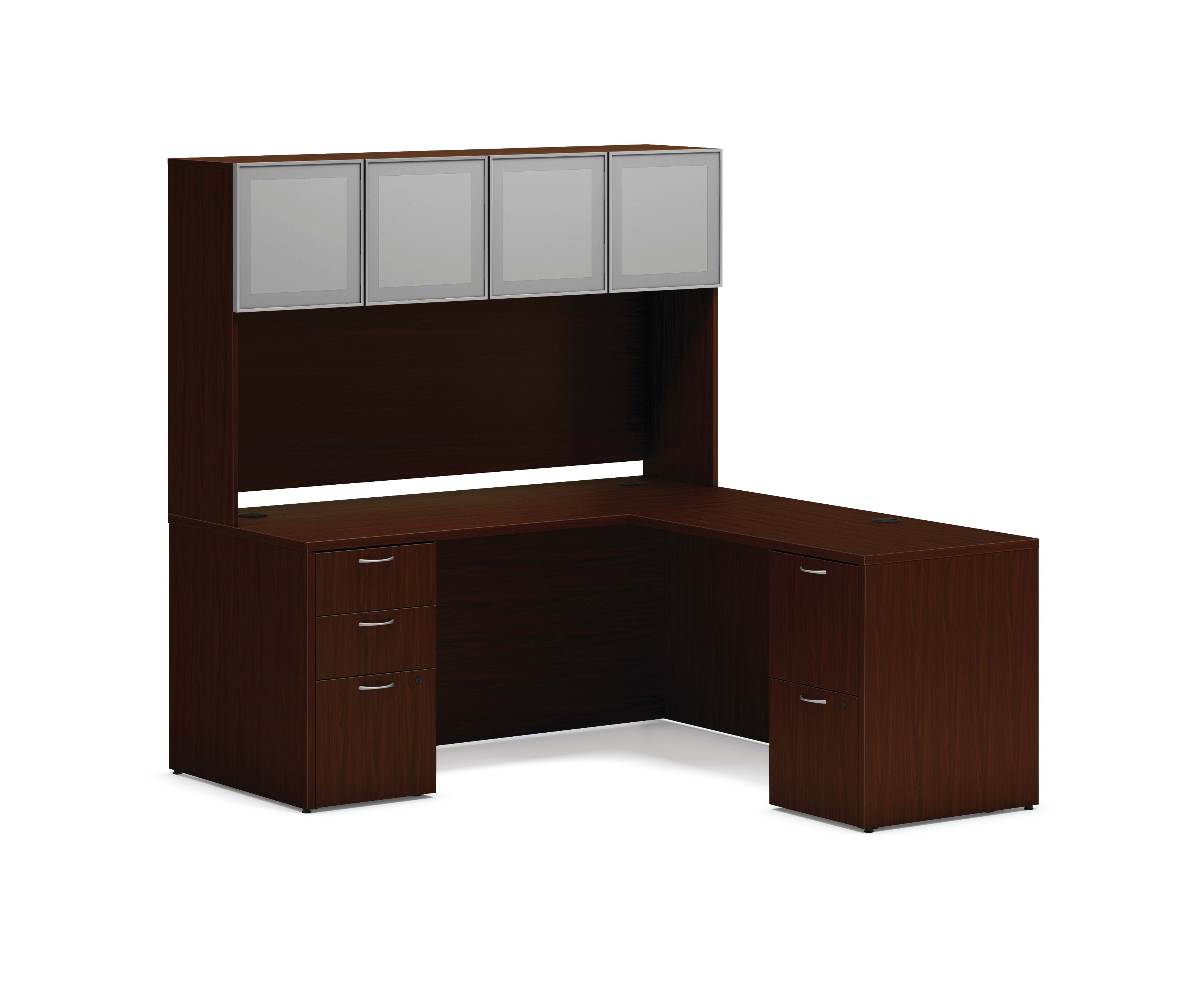 Mod double pedestal l-station with storage in Traditional Mahogany