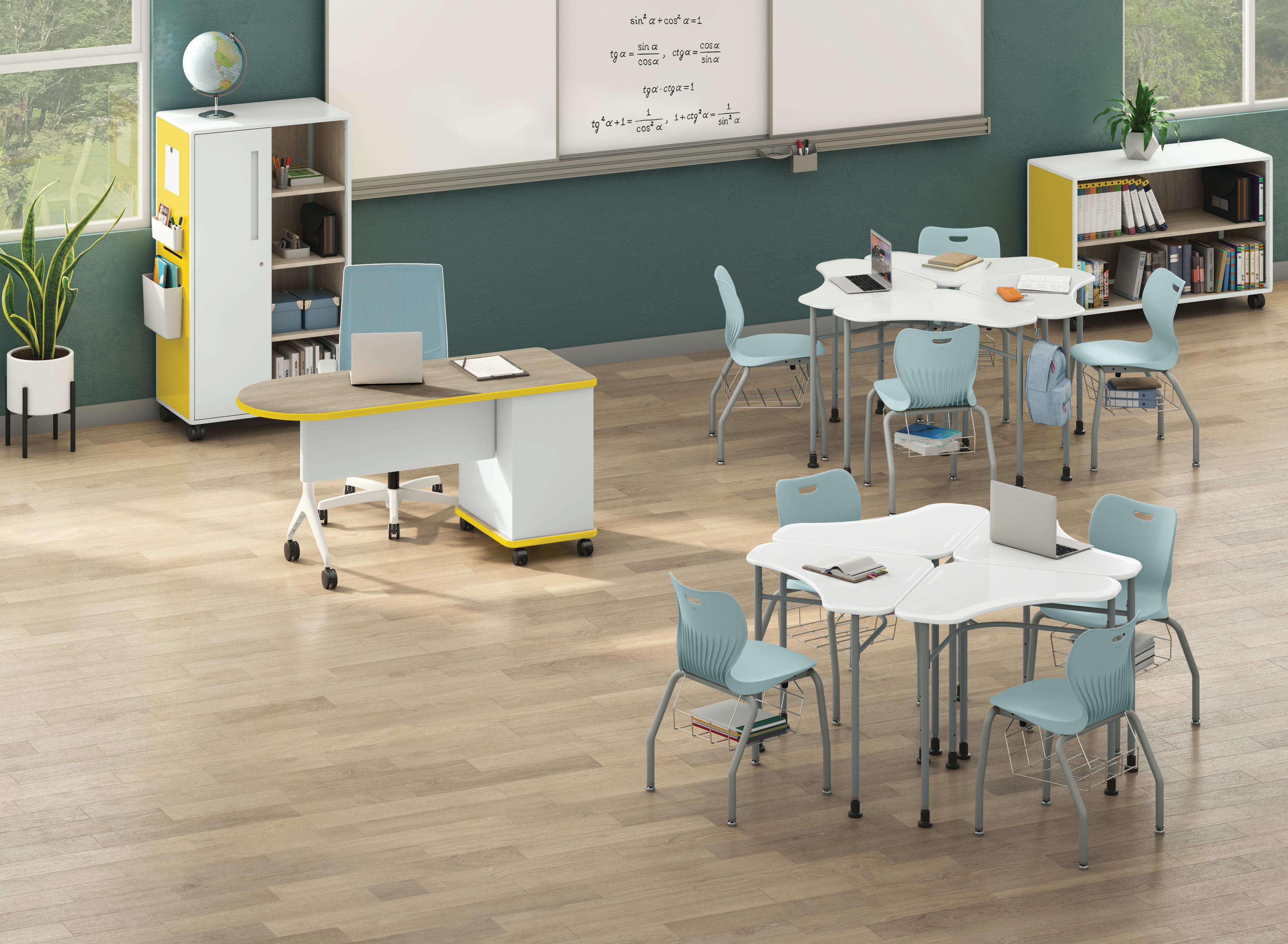 SmartLink Teacher Desk, Chairs, and Wall Rail System with Class-ifi Storage.
