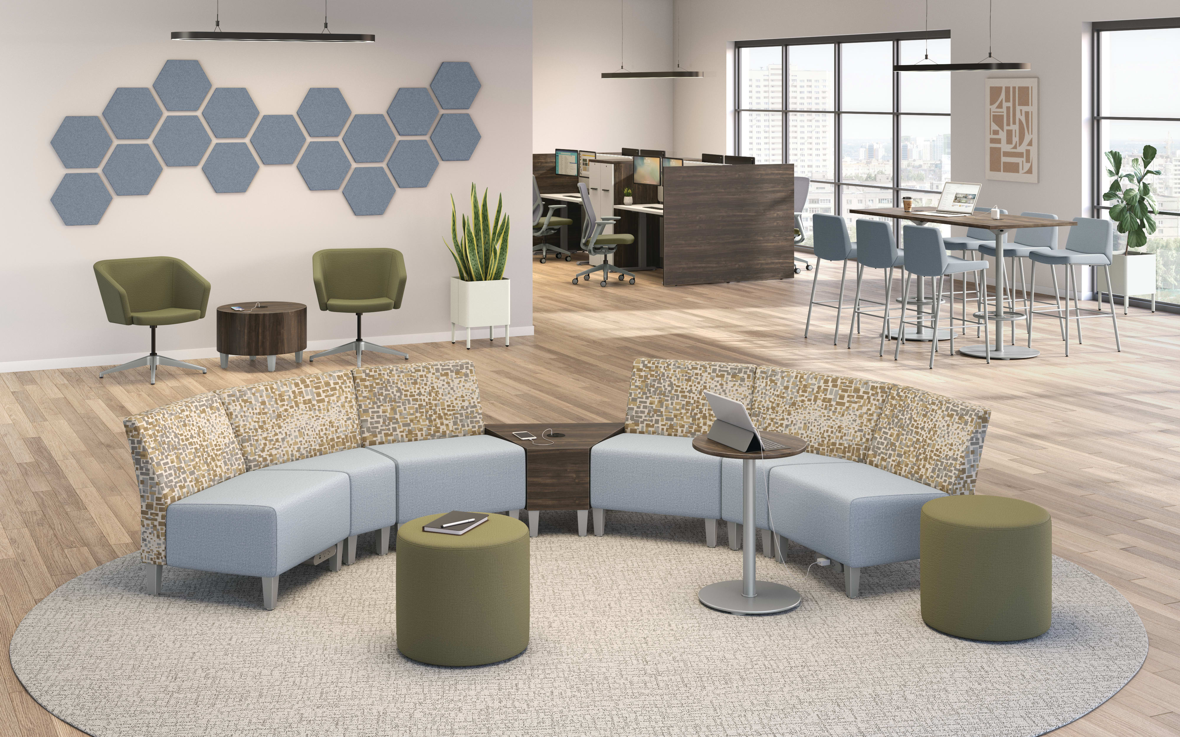 Collaborative area featuring Flock modular seating in a curved layout. 