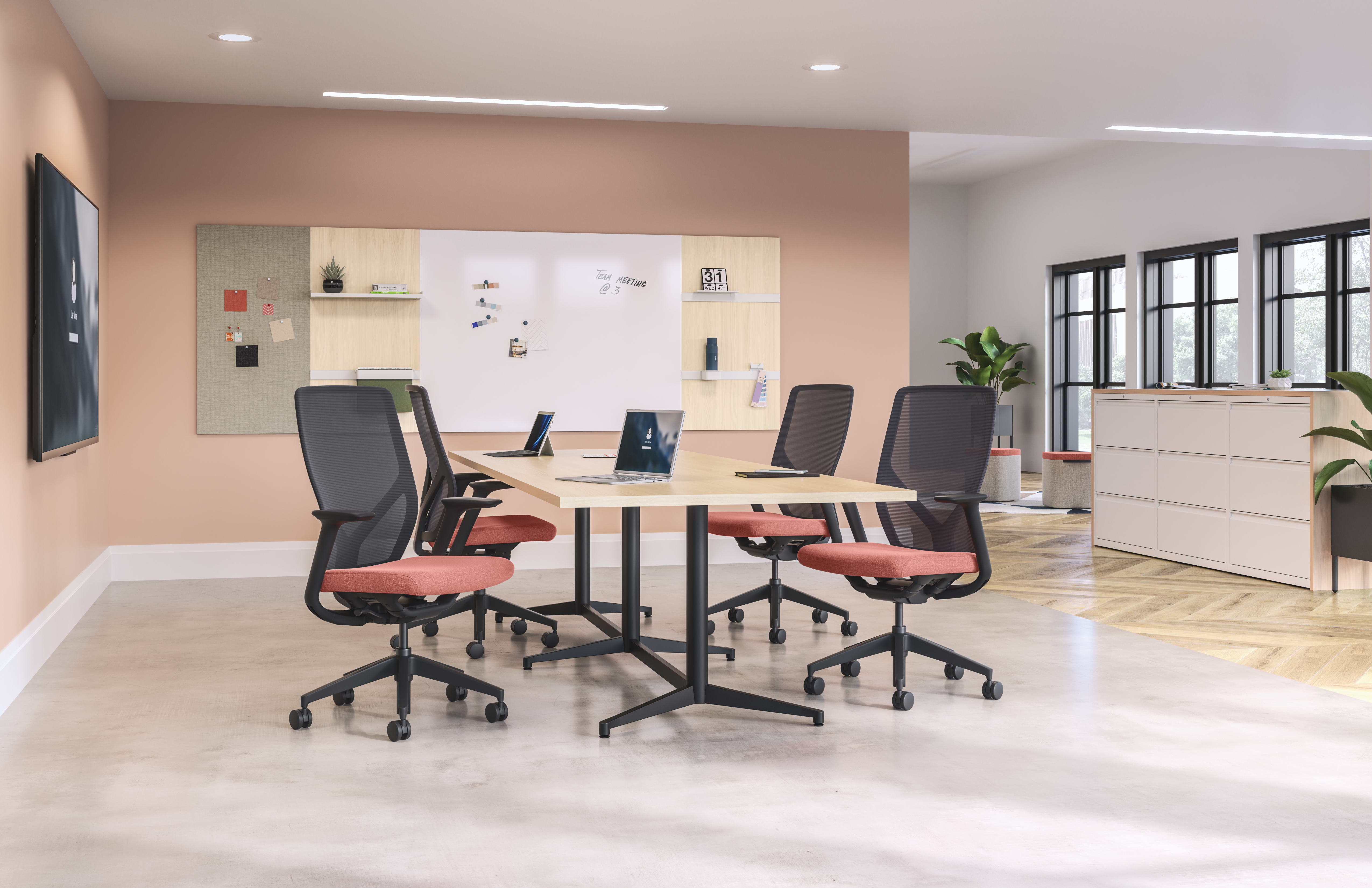 Preside conference table with Flexion task chairs and Workwall markerboard tile, fabric tile and laminate tiles.