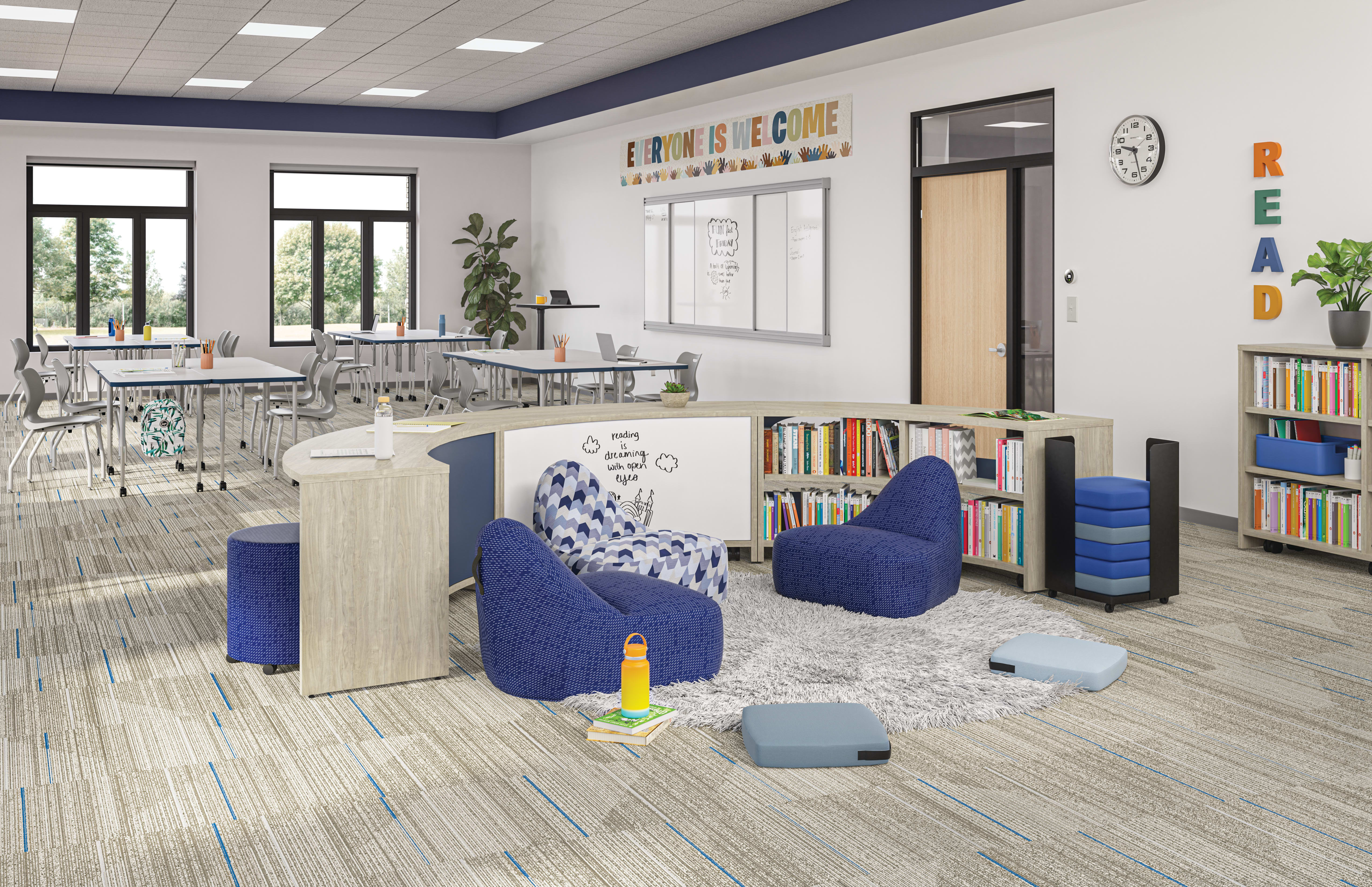 Classroom with Storyline nook featuring Confetti lounge chairs and floor cushions.