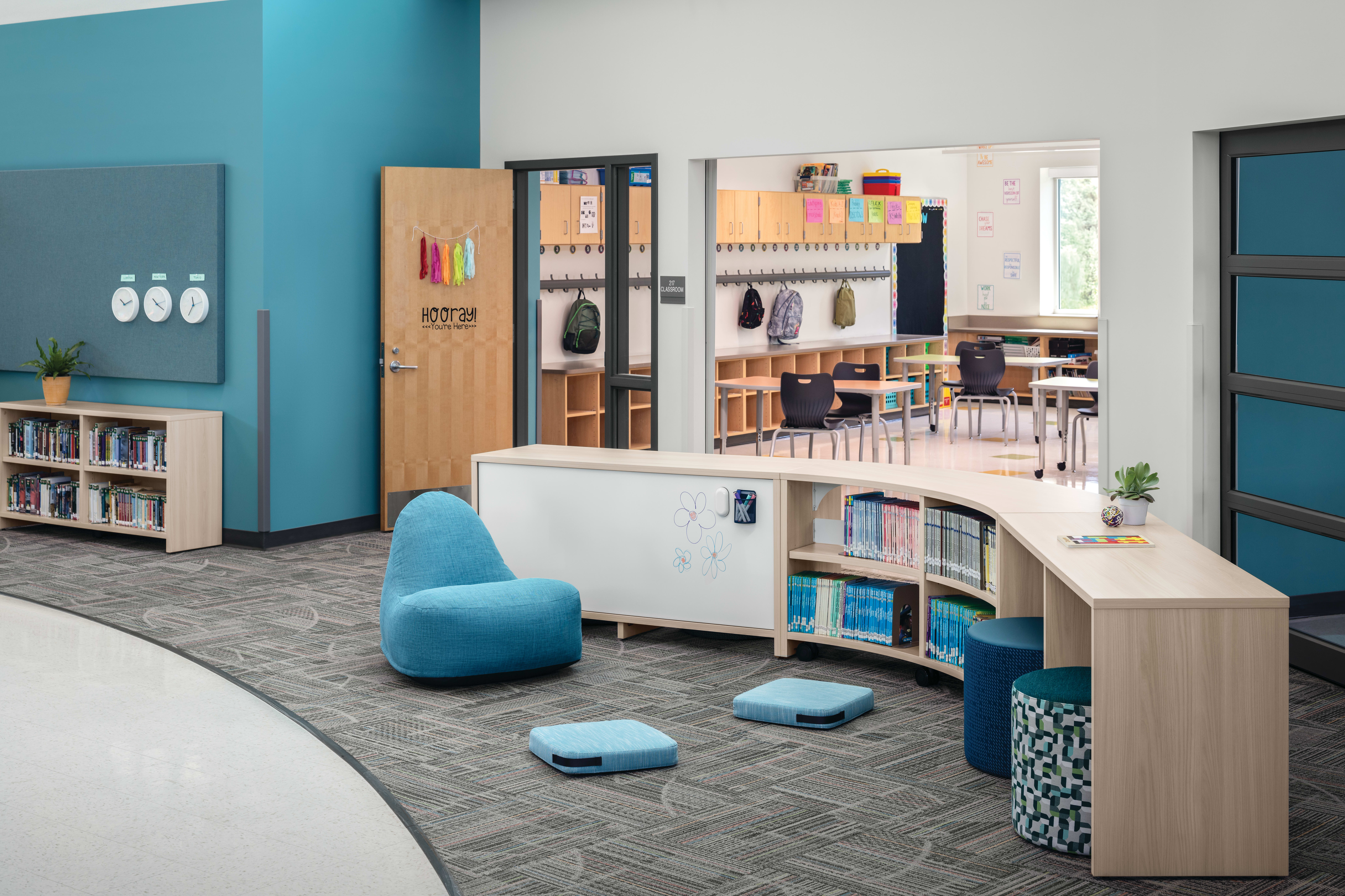 Storyline Bookcases and Bistro Tables with Confetti Floor Cushions and Lounge and Flock Minis.