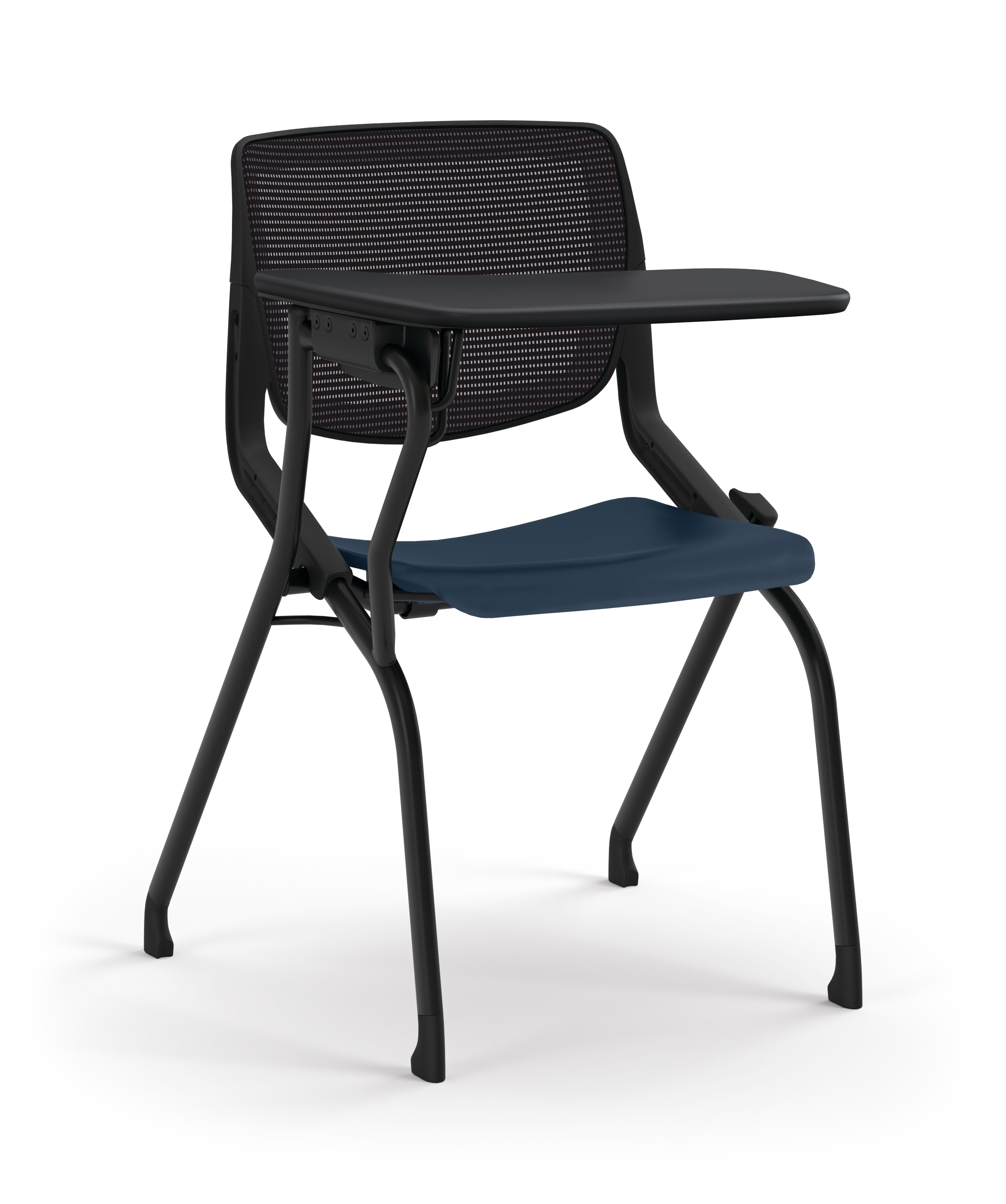 Black mesh-back chair with blue seat and attached writing tablet.