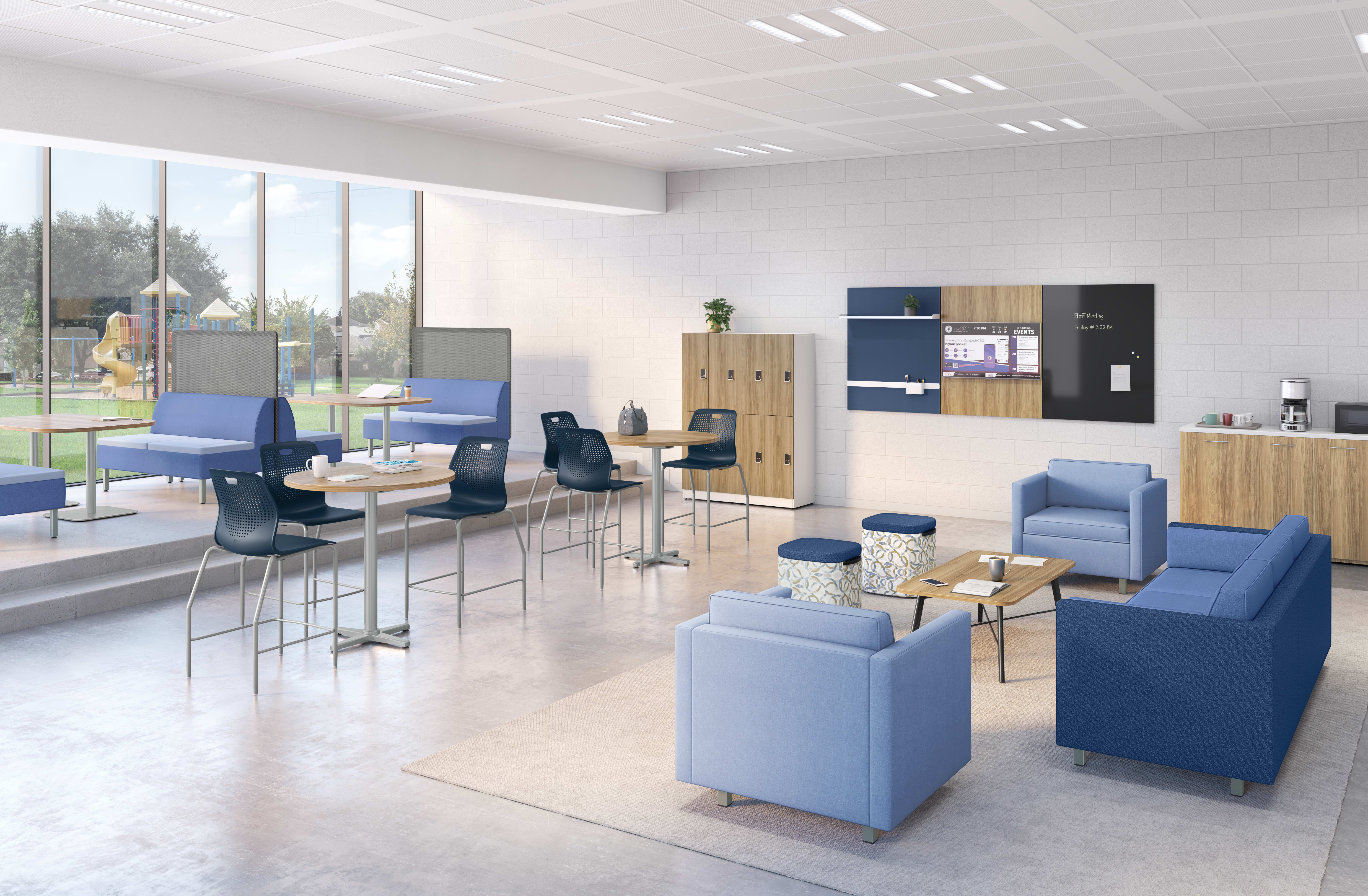 Teacher's lounge with blue Etch, West Hill, and Astir seating.