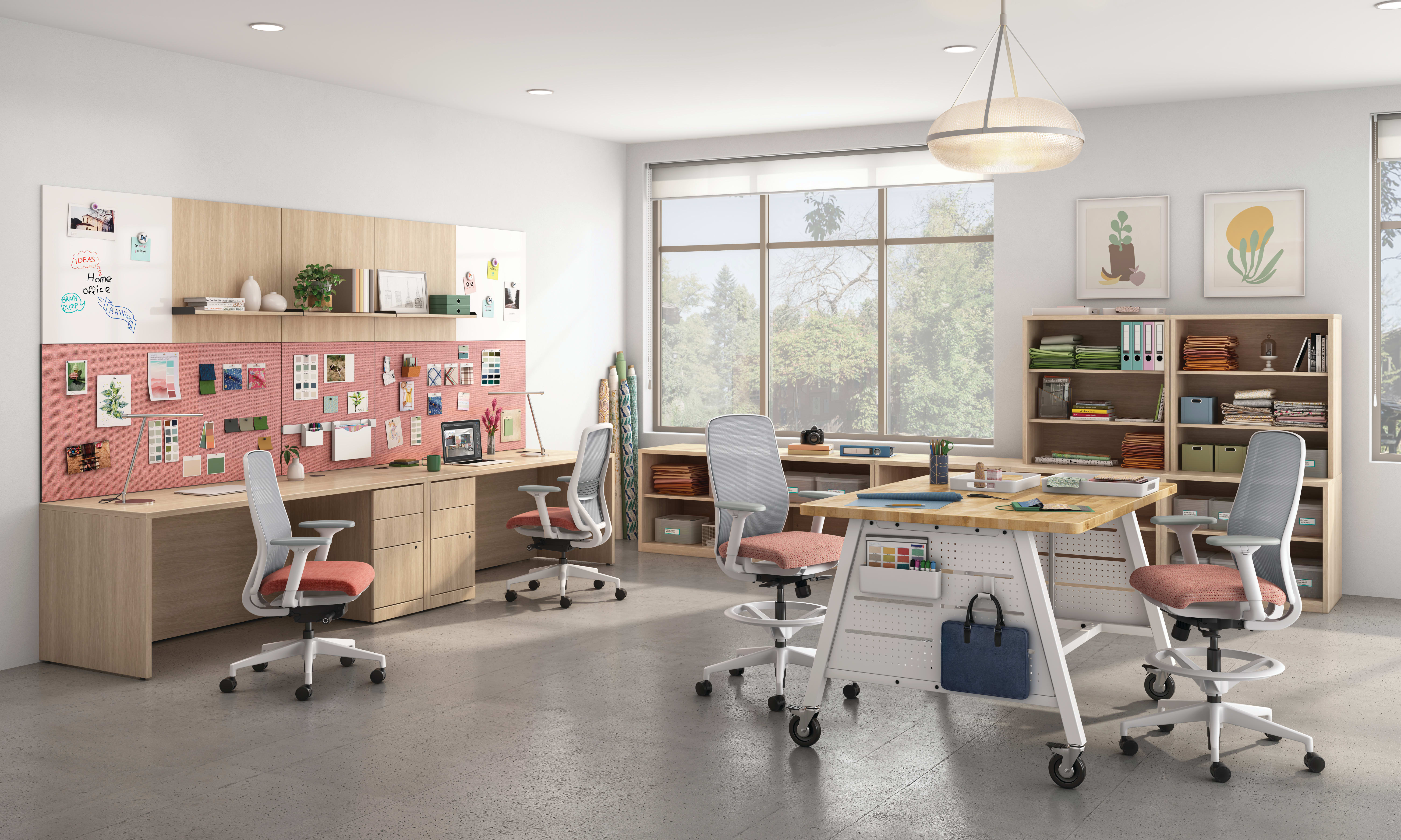 A designer's space featuring Nucleus task chairs and stools with 10500 Series storage and Makerspace tables.