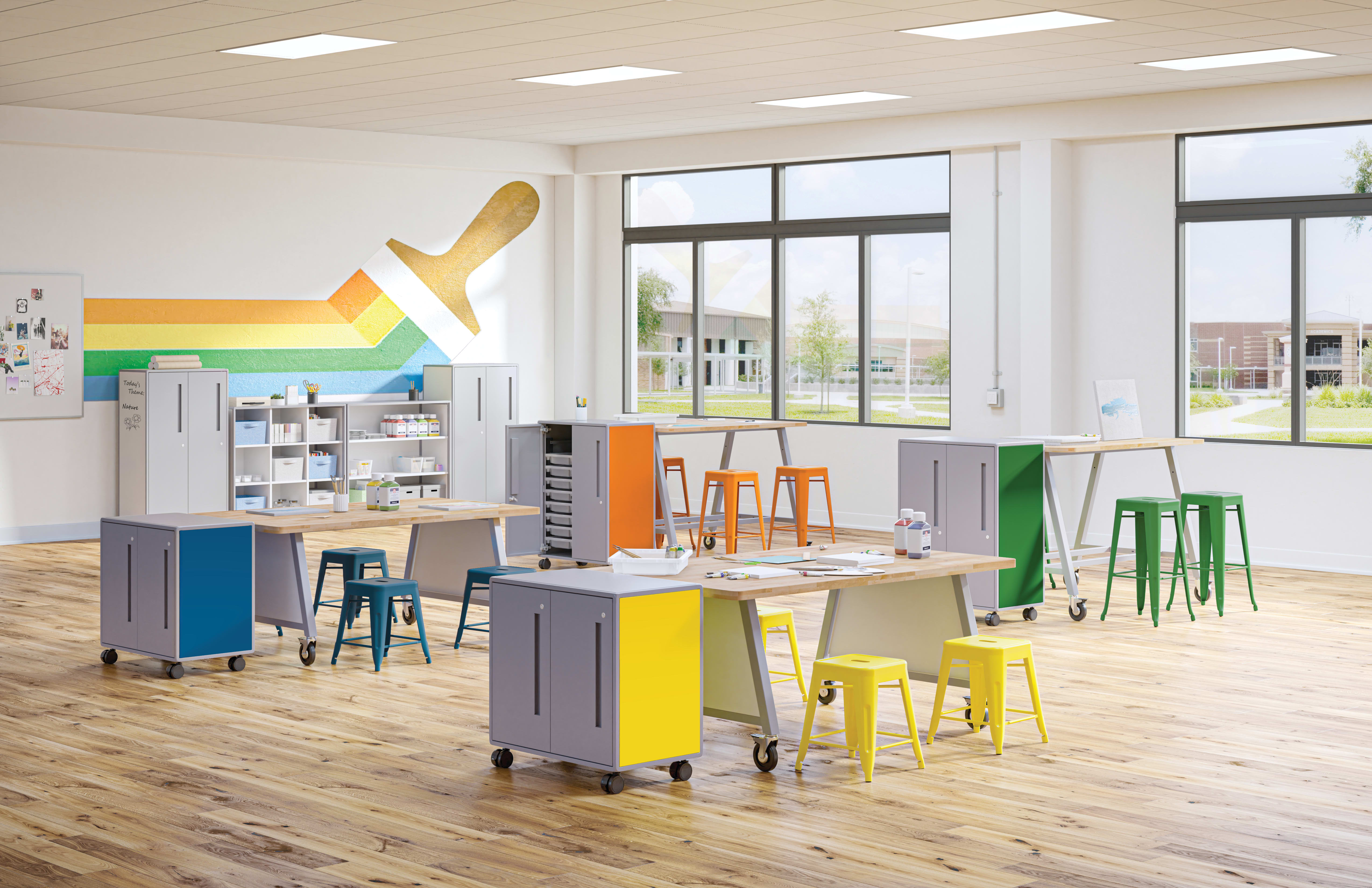 Class-ifi Storage with Build Makerspace Tables and Stools.