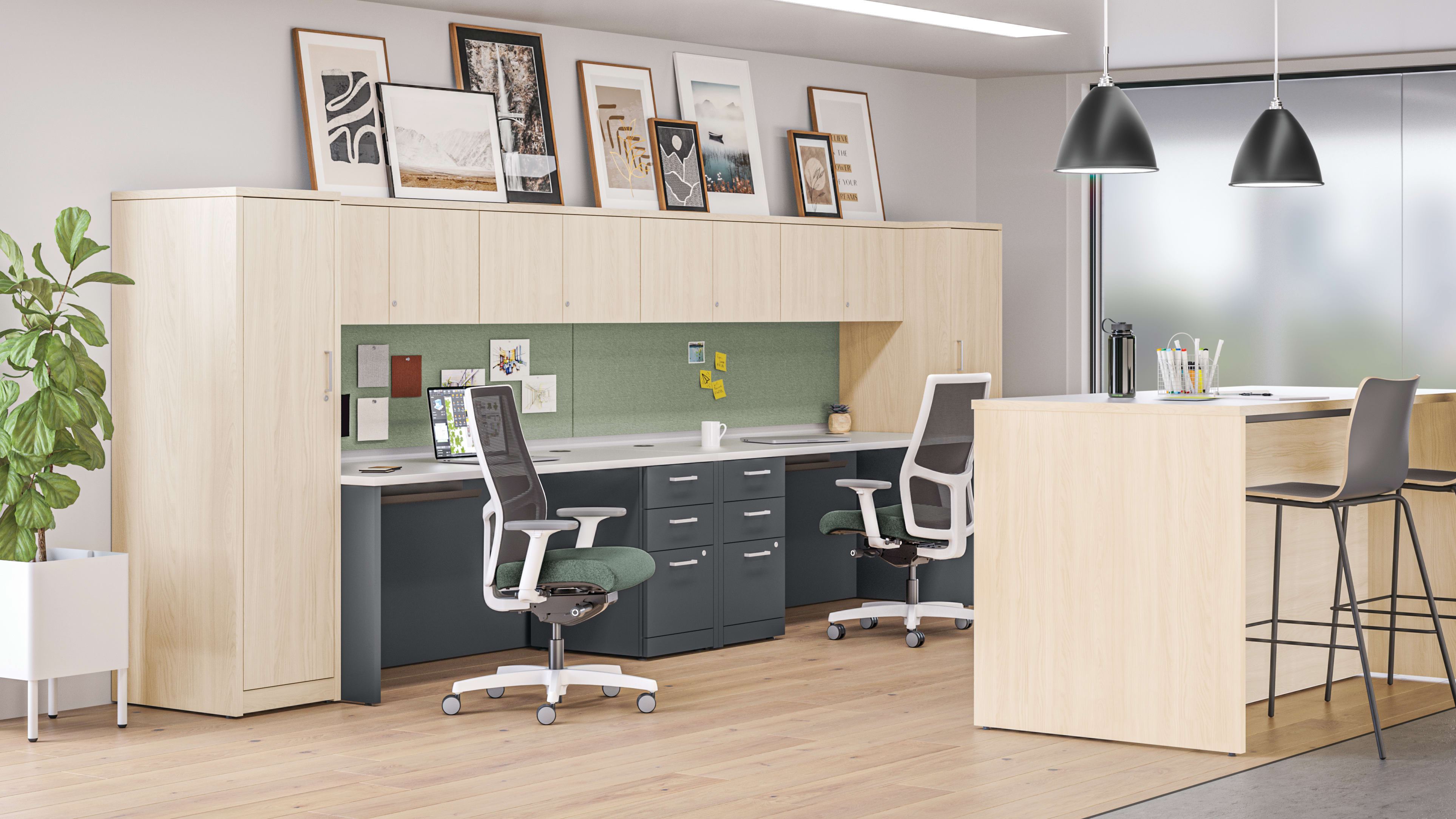 10500 Series desks with personal towers and overhead storage near Storage Island collaborative workspace.