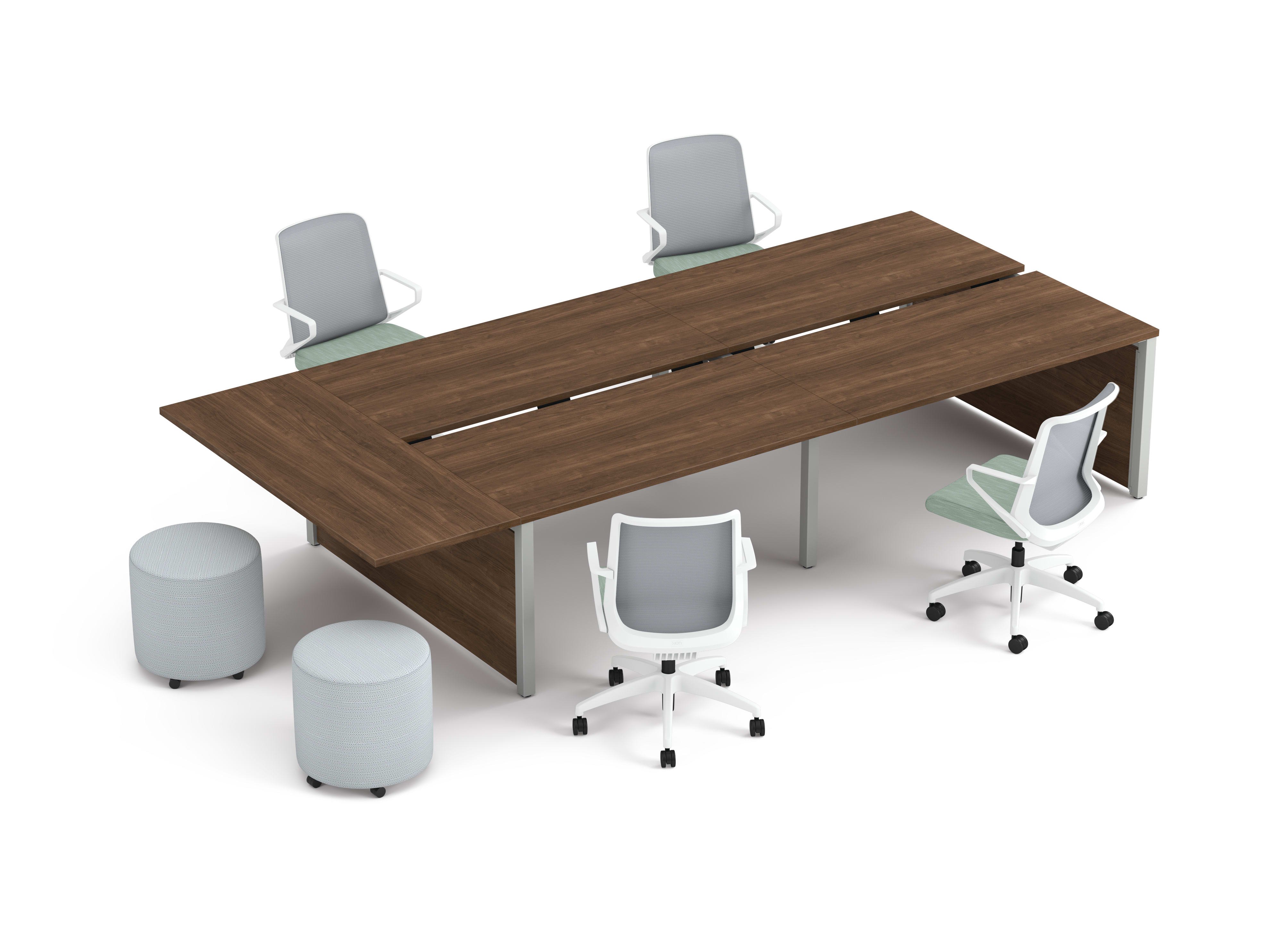 Four ergonomic office chairs around two connected rectangular desks with wooden tops, accompanied by two round upholstered stools.