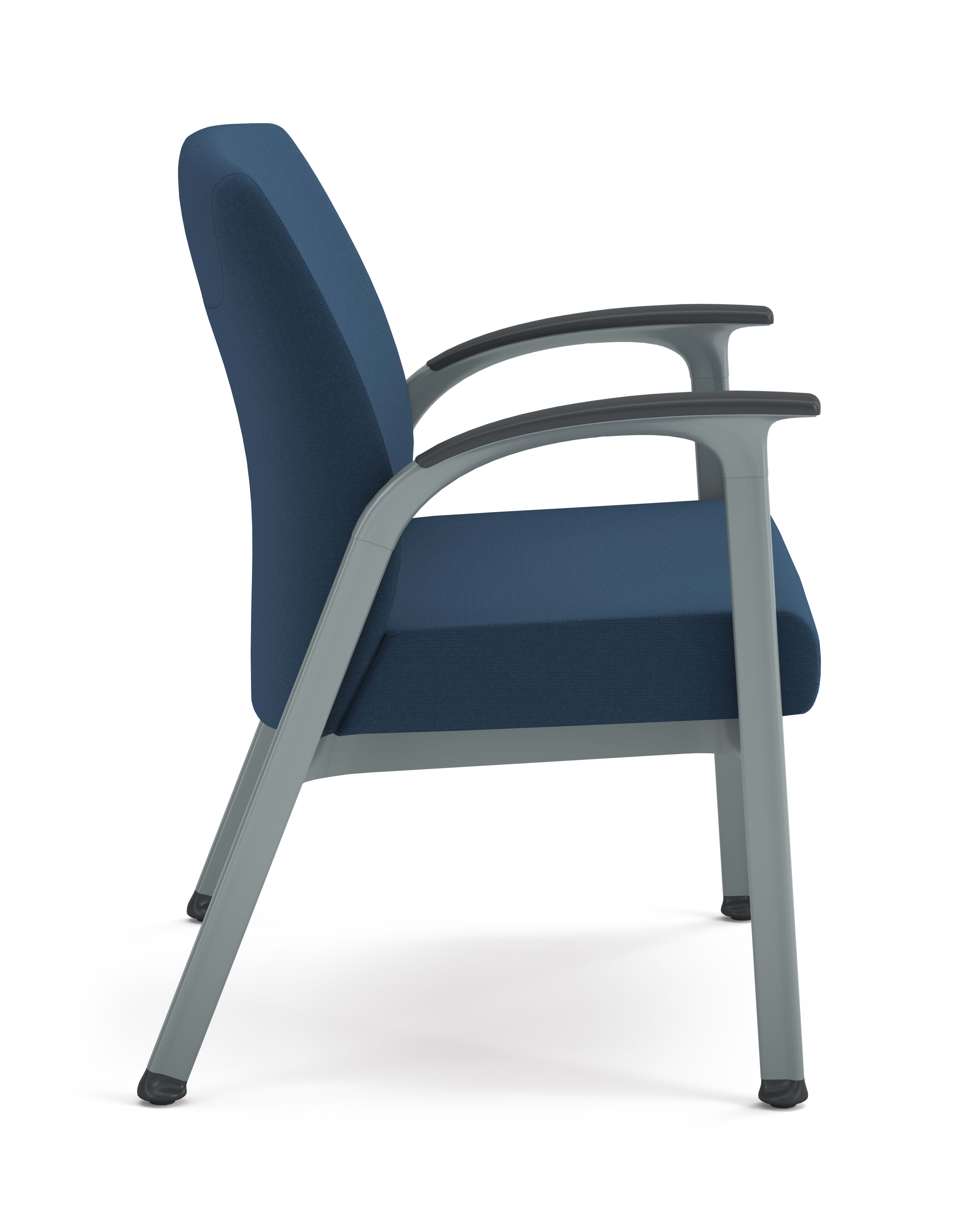 Blue cushioned guest chair with textured fabric, metal frame, and integrated armrests, designed for modern office or waiting areas.