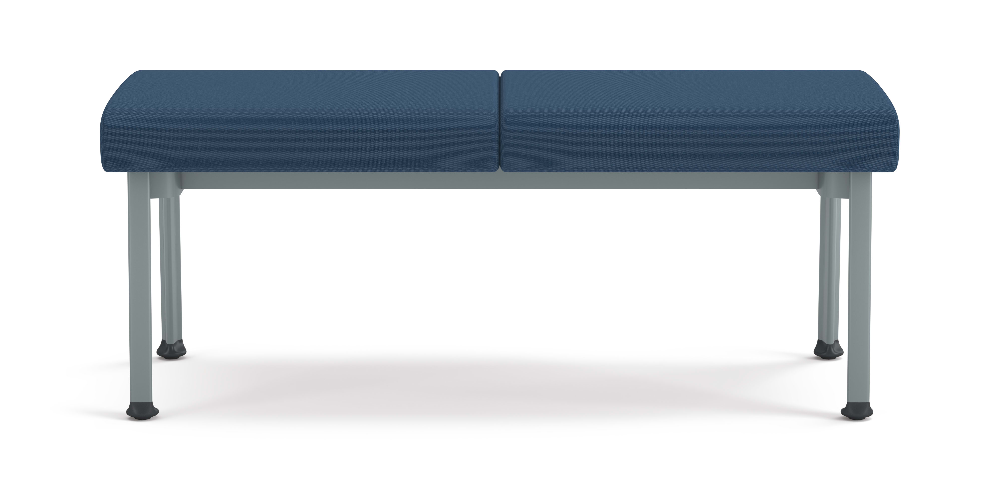 Modern two-seat bench with blue upholstered cushions and metal legs, designed for waiting areas or collaborative spaces