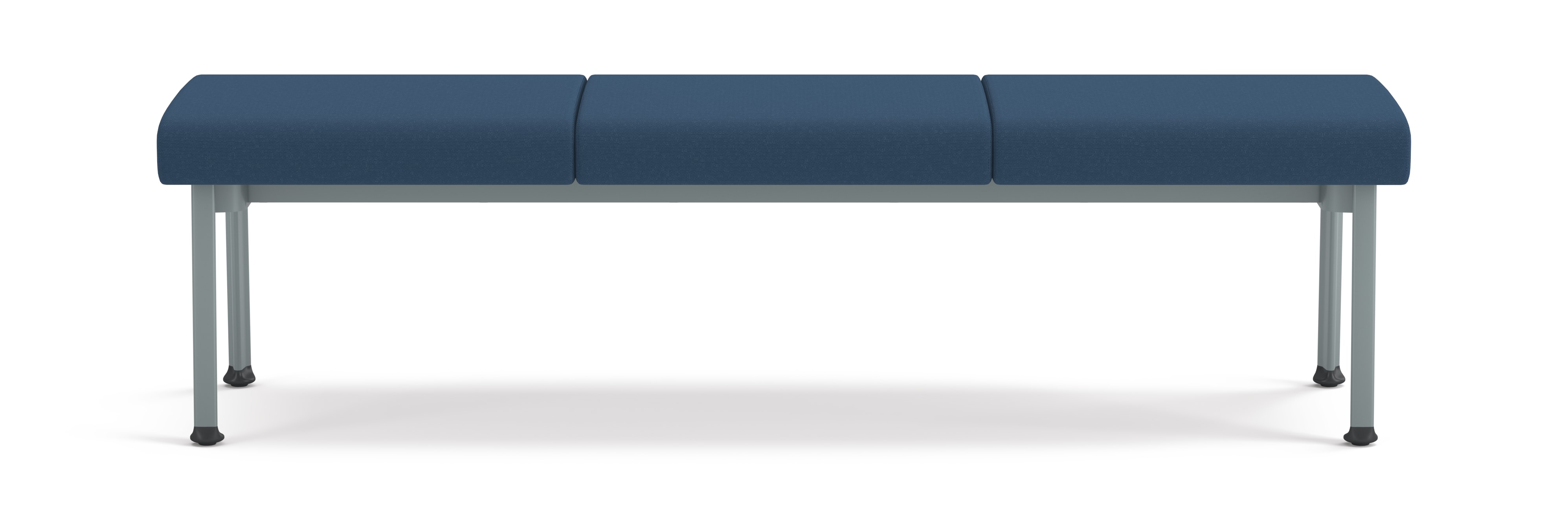 Modern Three-seat bench with blue upholstered cushions and metal legs, designed for waiting areas or collaborative spaces