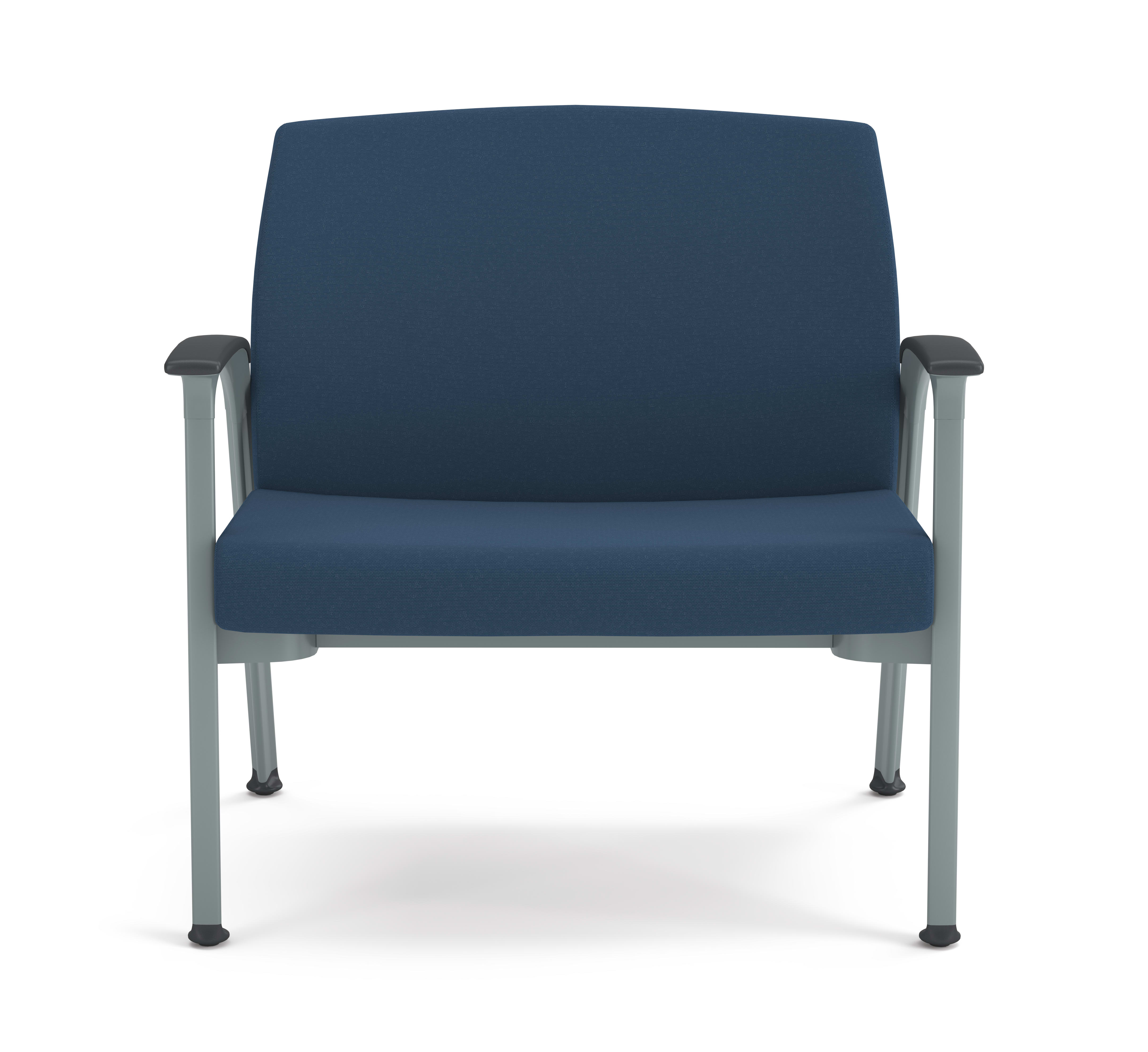 Blue cushioned guest chair with textured fabric, metal frame, and integrated armrests, designed for modern office or waiting areas.