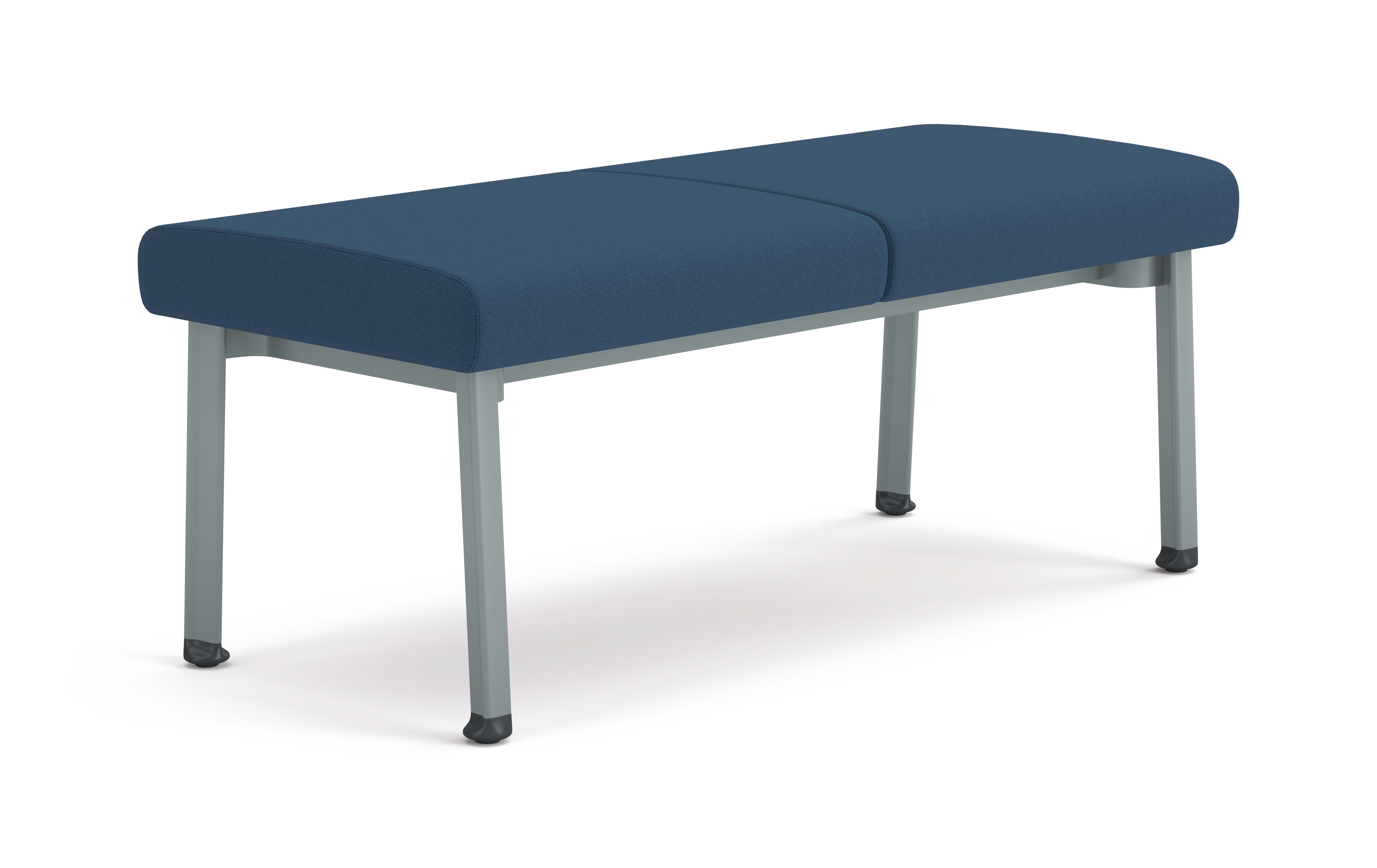 Modern two-seat bench with blue upholstered cushions and metal legs, designed for waiting areas or collaborative spaces