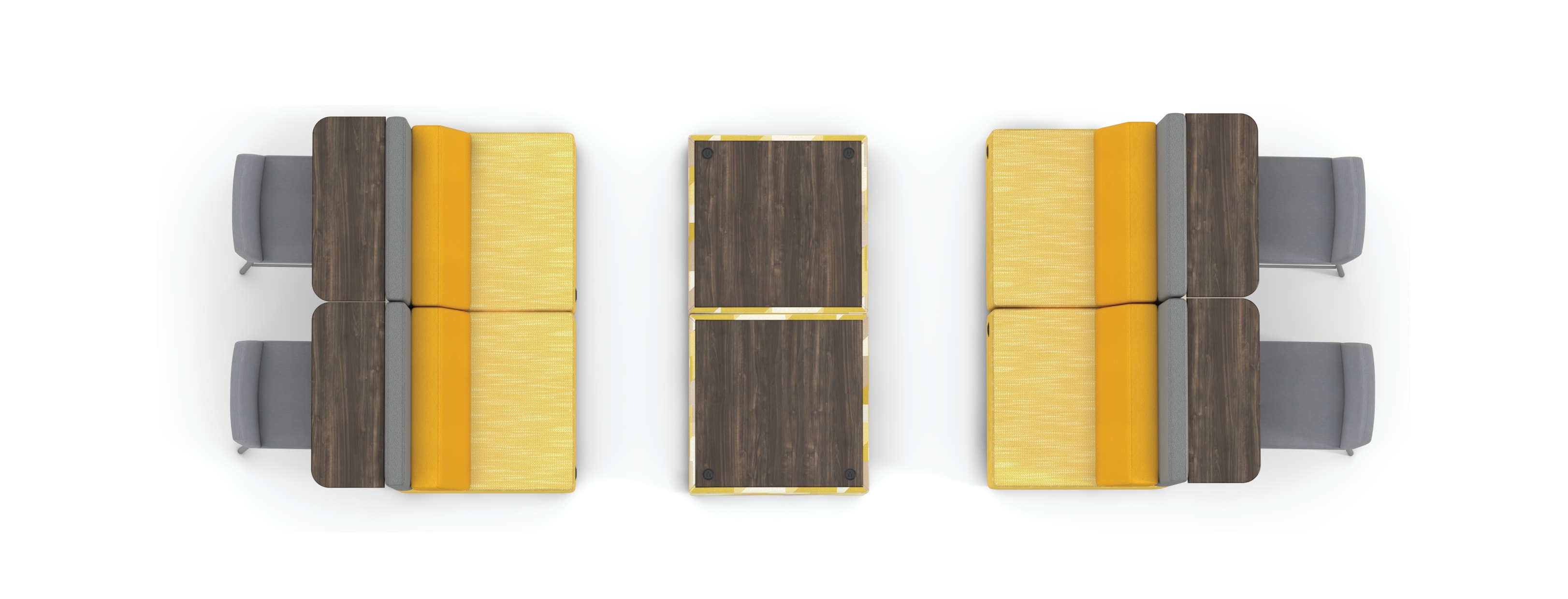 Tangram Bistro Back booth vignette with Tangram Square In-Line Tables and Flock Stools.