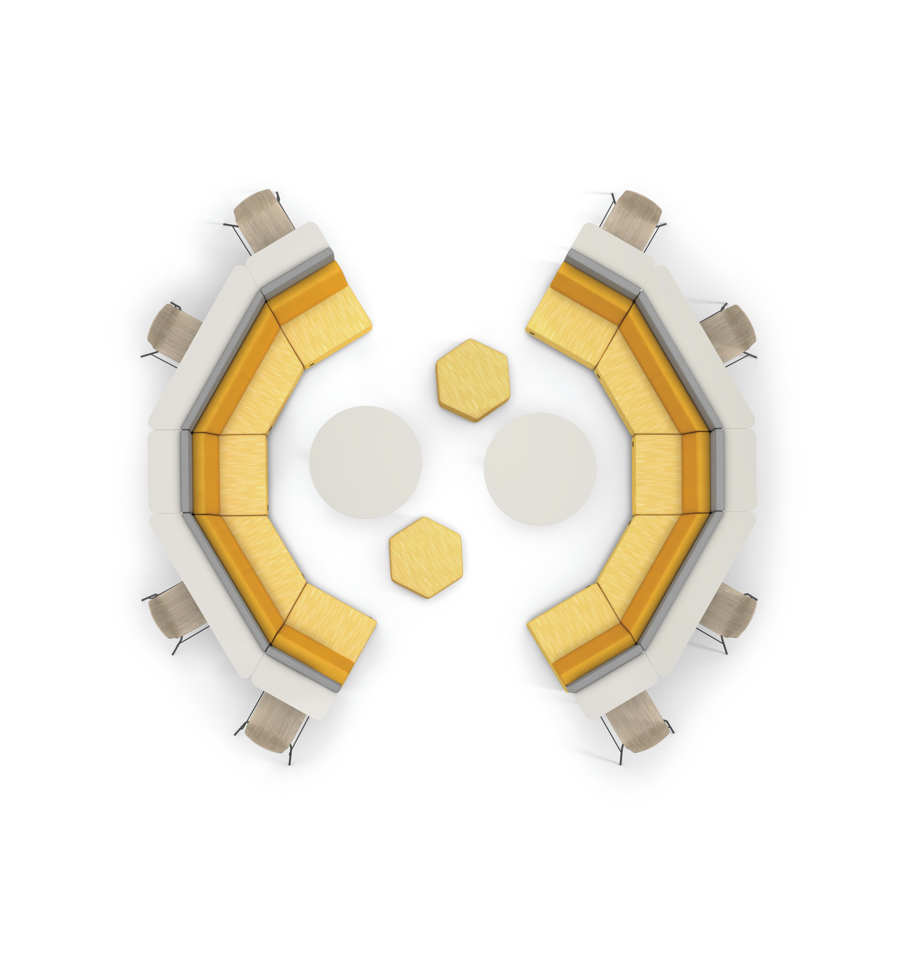 Tangram Bistro Back circle vignette, with Tangram poufs, Birk tables, and Ruck Chairs.