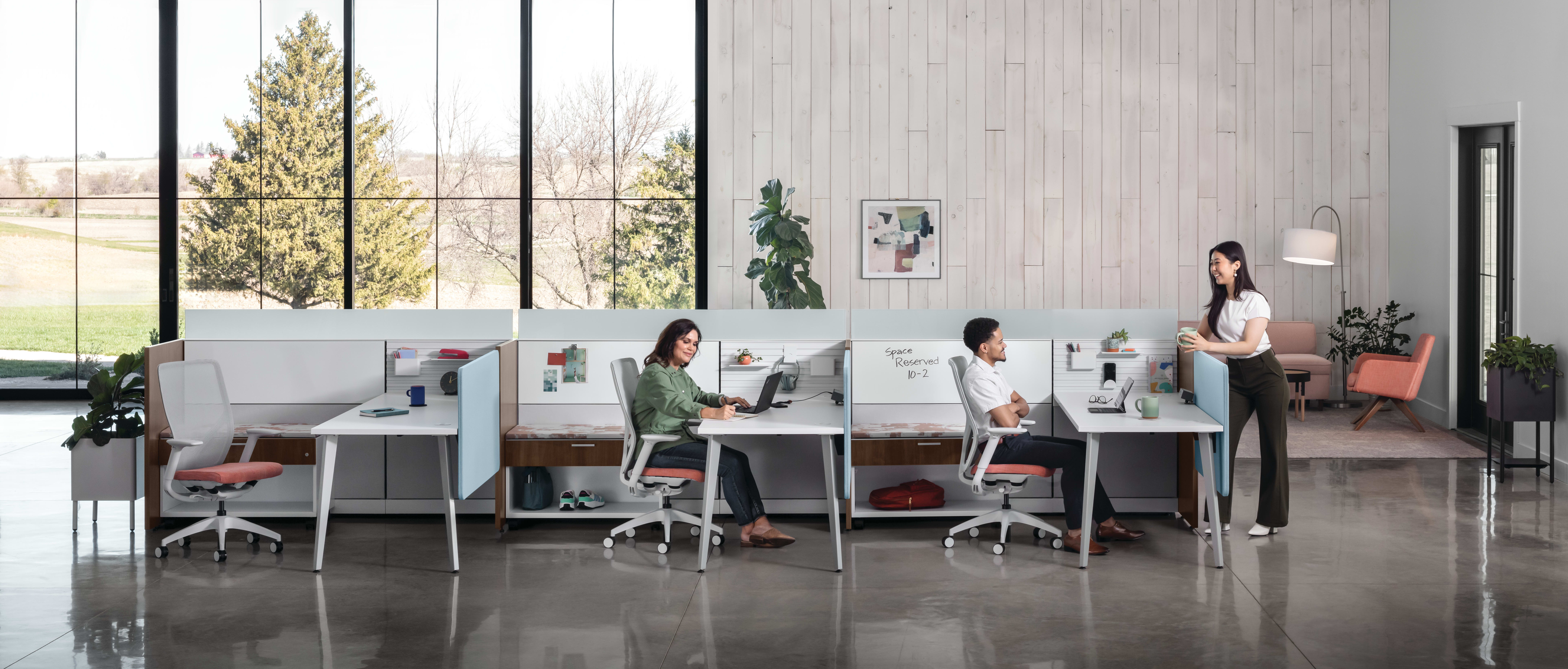 Flexion Seating with Abound Workstations, Contain Mobile Credenzas, Sculpt planters, West Hill and Mav Collaborative Seating
