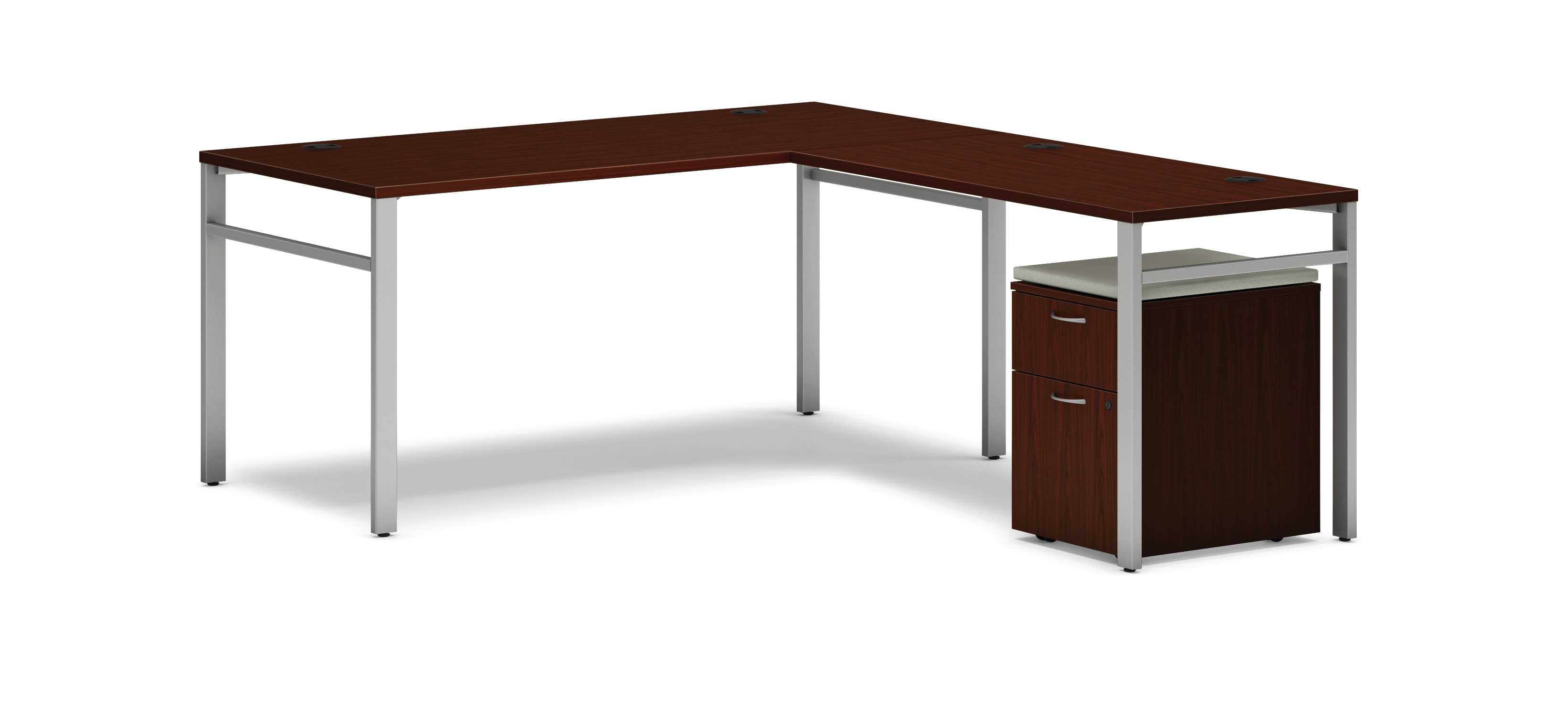 Mod l-station with storage in Traditional Mahogany and Silver U-Legs