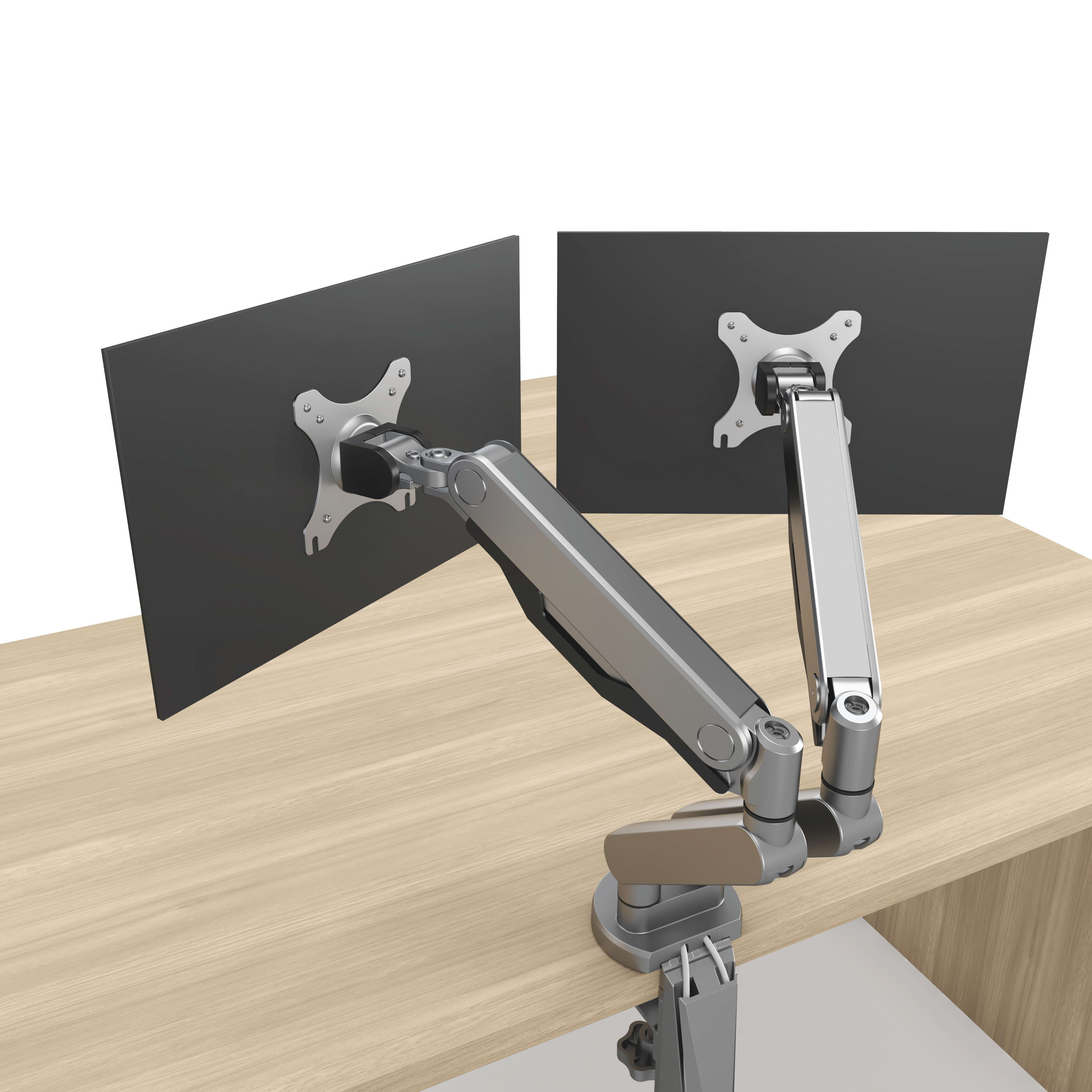 Dual monitor arm with monitors