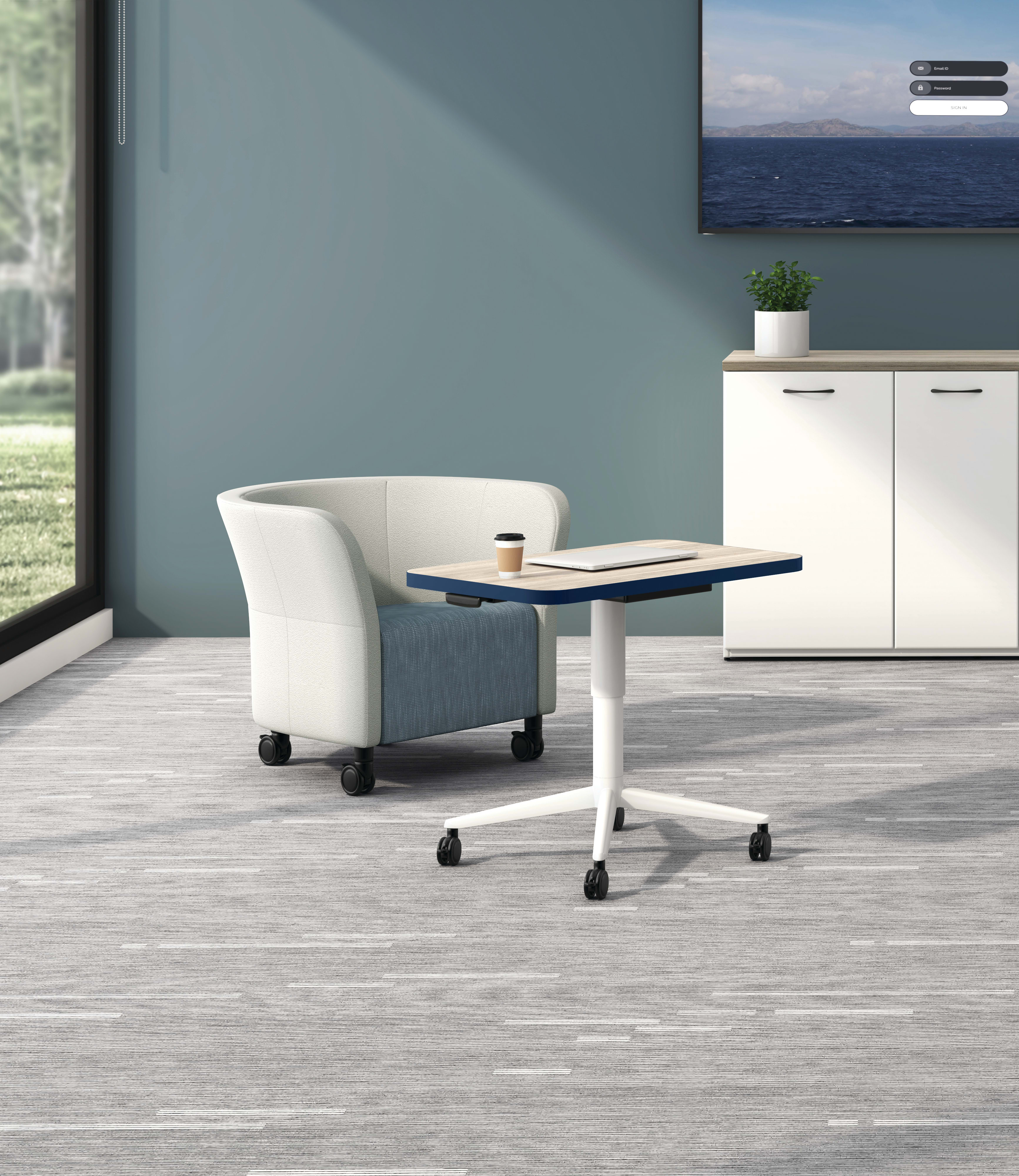 Huddle Laptop Table with Flock Round Lounge Chair