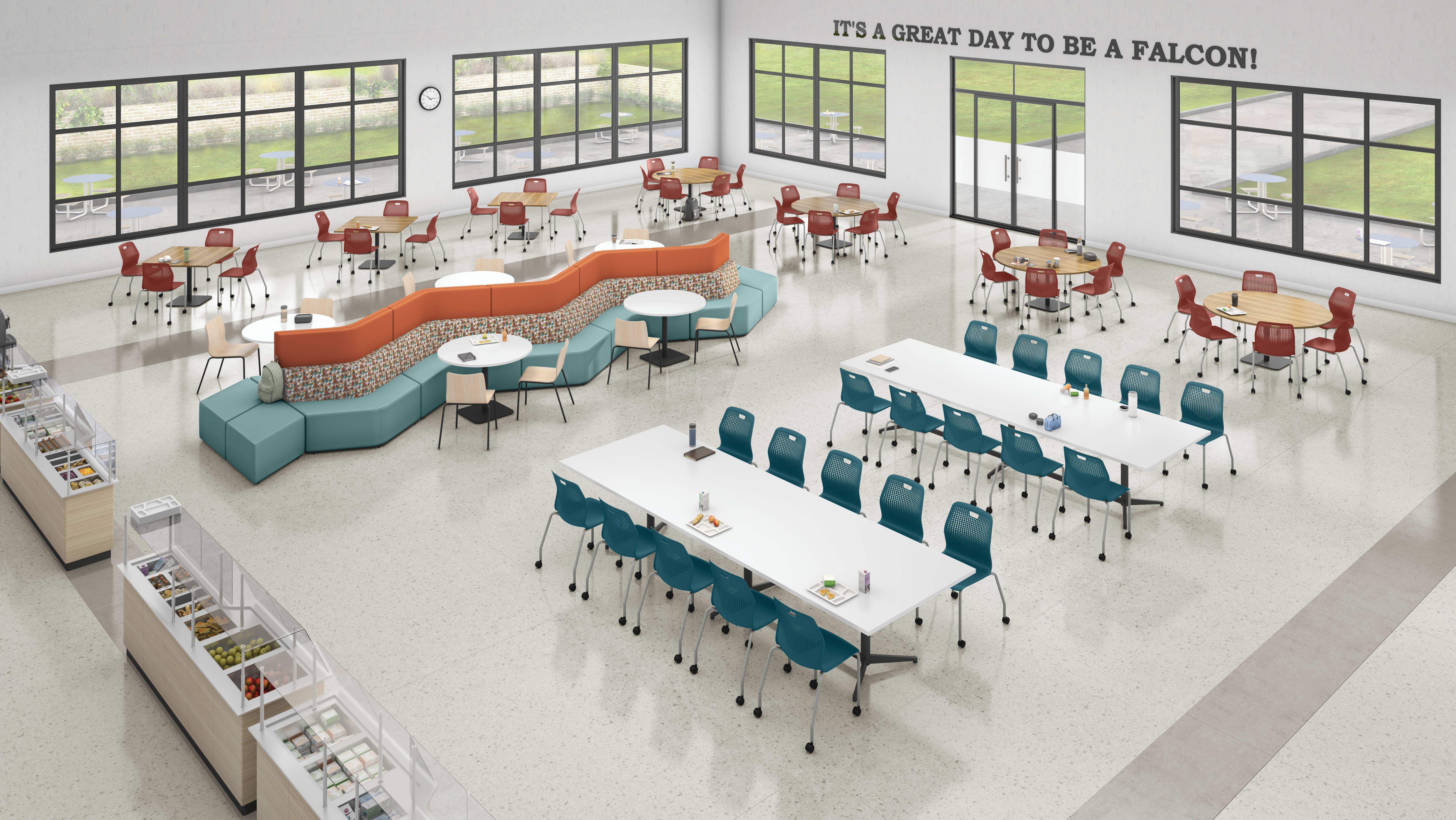 Cafeteria space with blue and orange Etch chairs and Tangram soft seating.