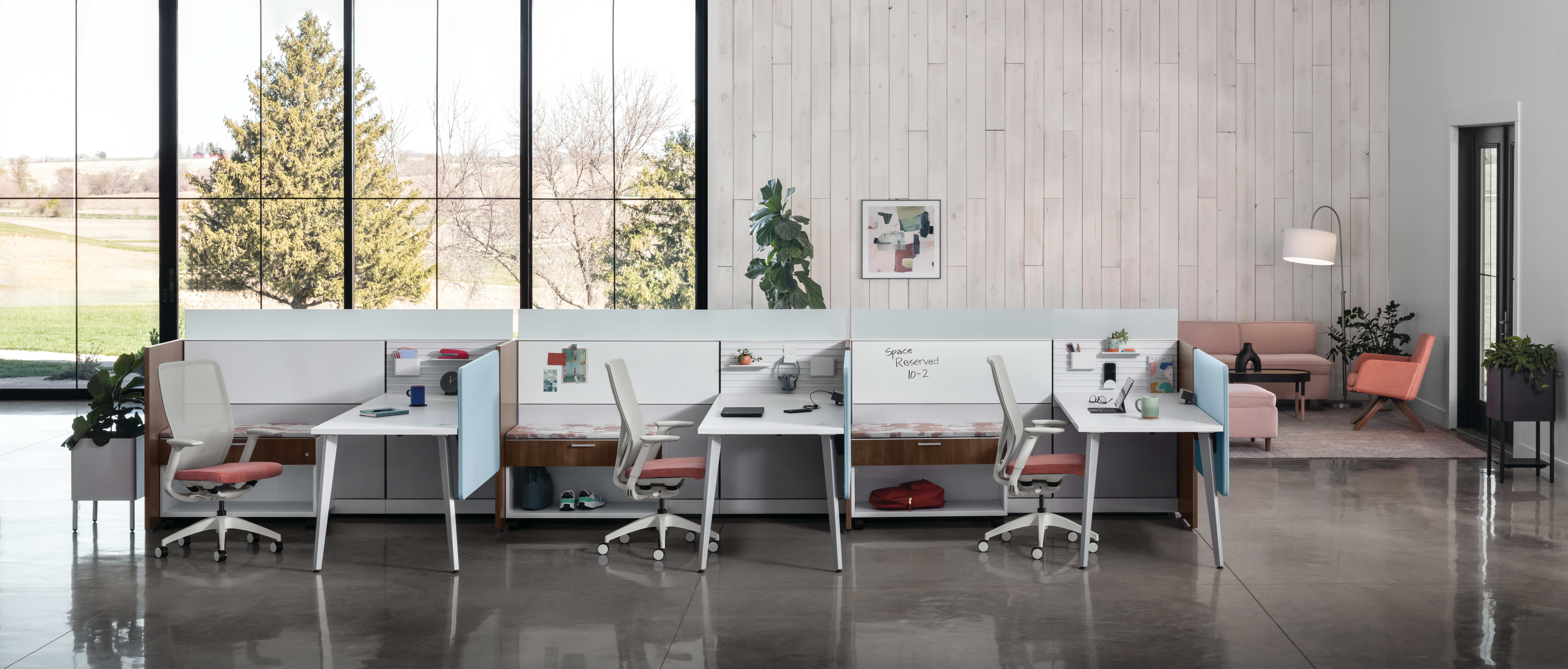 Flexion Seating with Abound Workstations, Contain Mobile Credenzas, Sculpt planters, West Hill and Mav Collaborative Seating